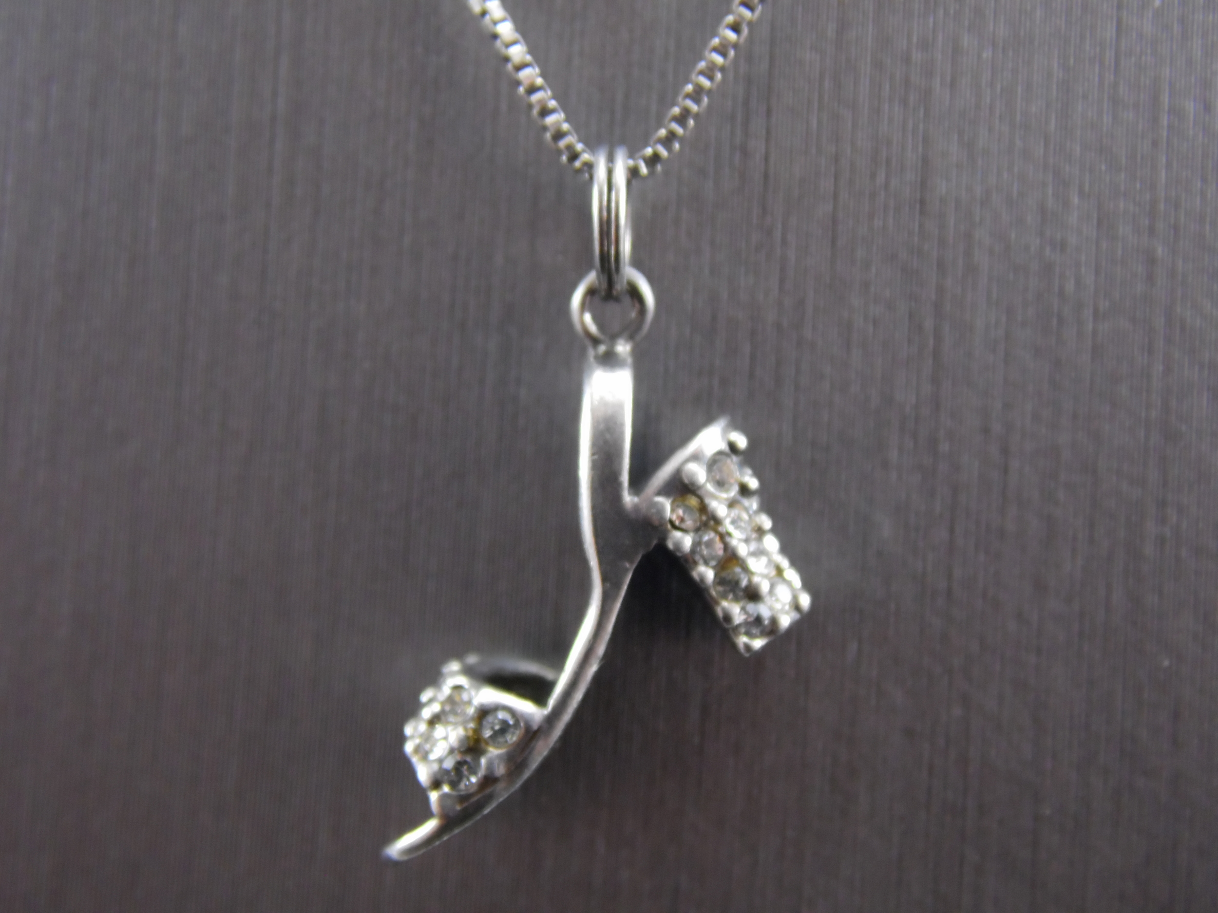 Vintage Signed 925 Sterling Silver Rhinestone High Heel Sparkling Stiletto Shoe Pendant Charm and Rene Lalique Box Style Chain Necklace