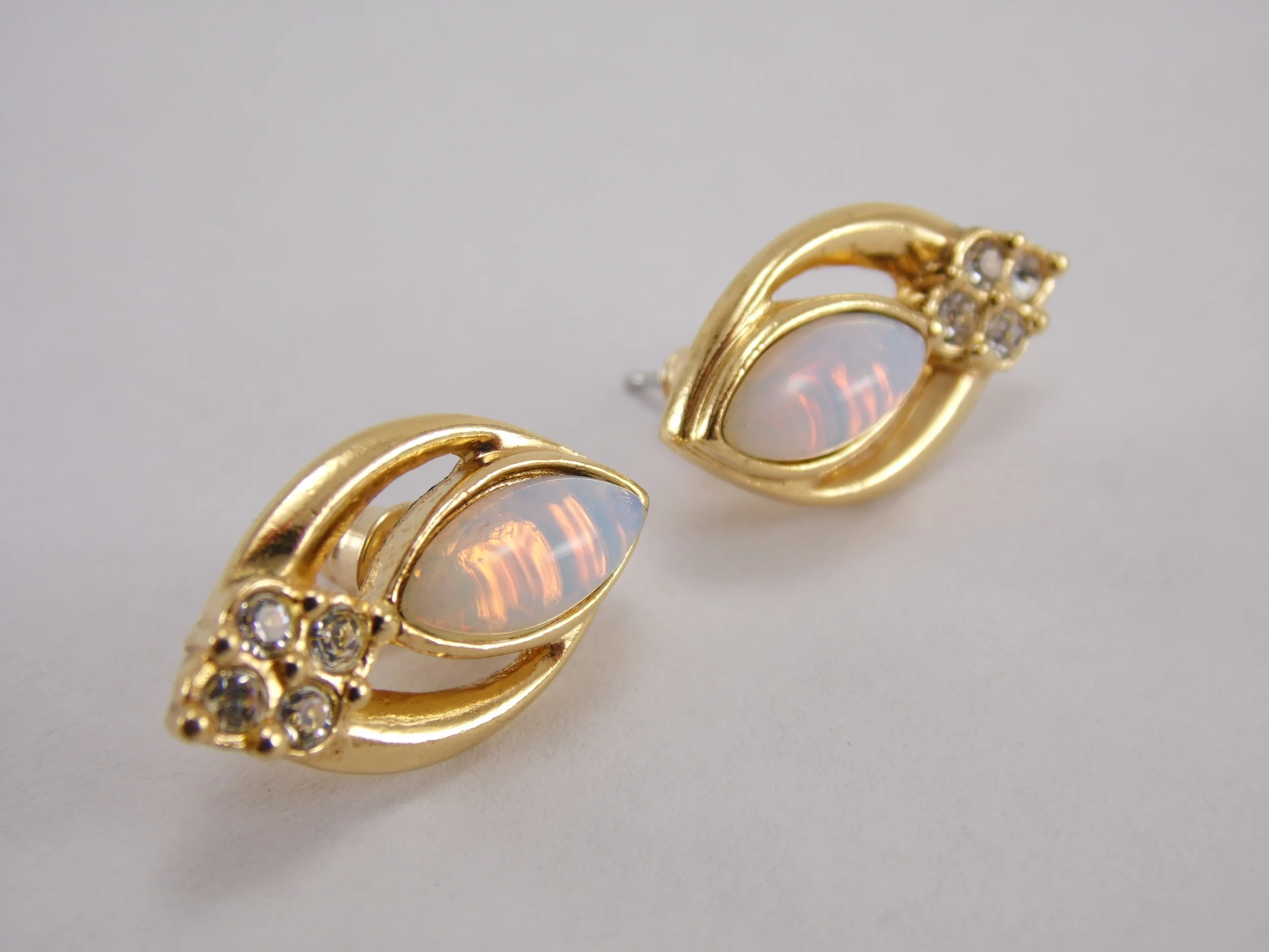 Vintage Signed "Avon" Faux Opal Goldtone Diamond Cubic Zirconia CZ Rhinestone Stud Earrings
