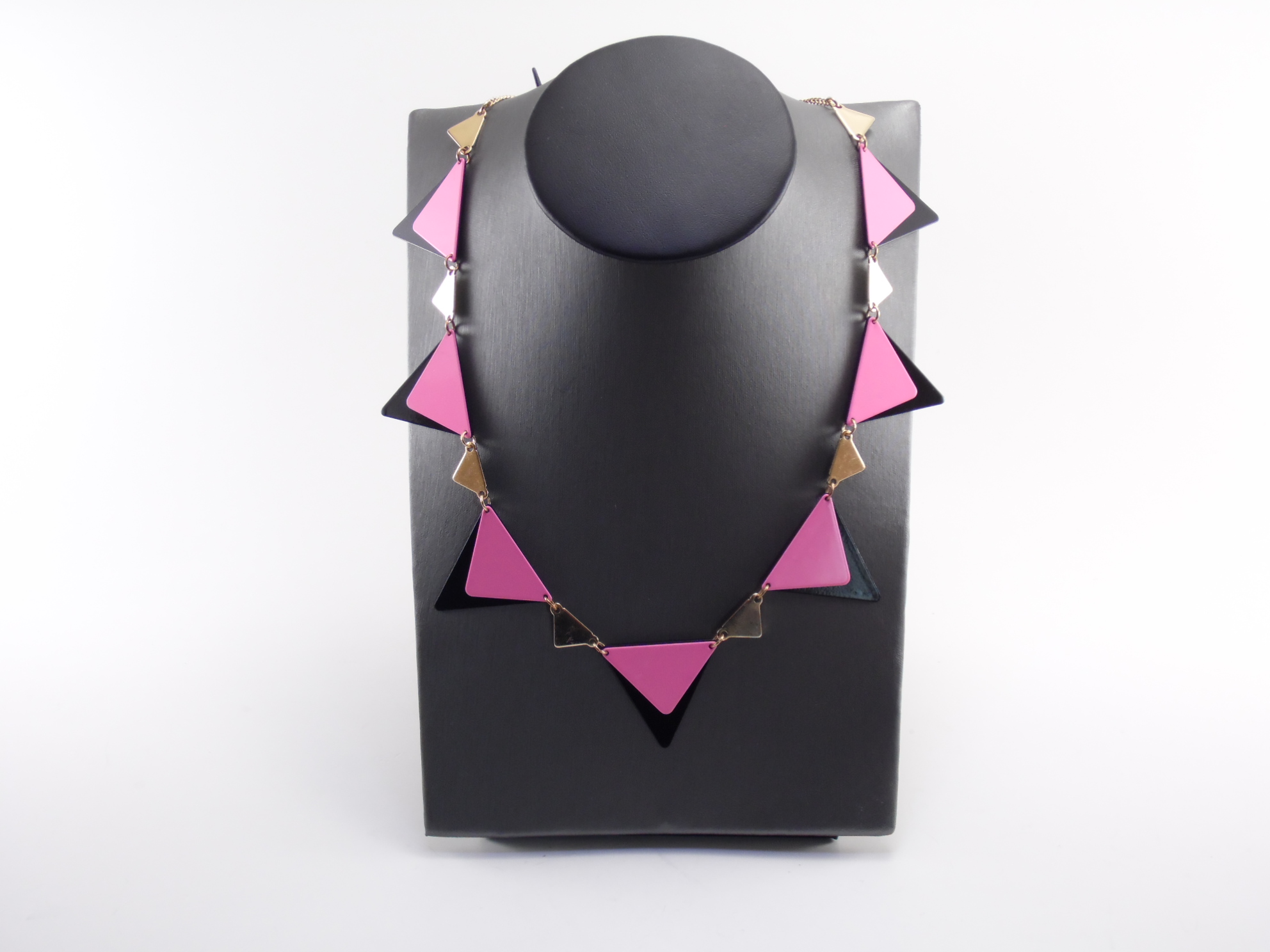 Vintage 1980's 22 Inch Hip Hop Hot Pink and Black Retro Party Triangular Charm Enamel Goldtone Adjustable Necklace