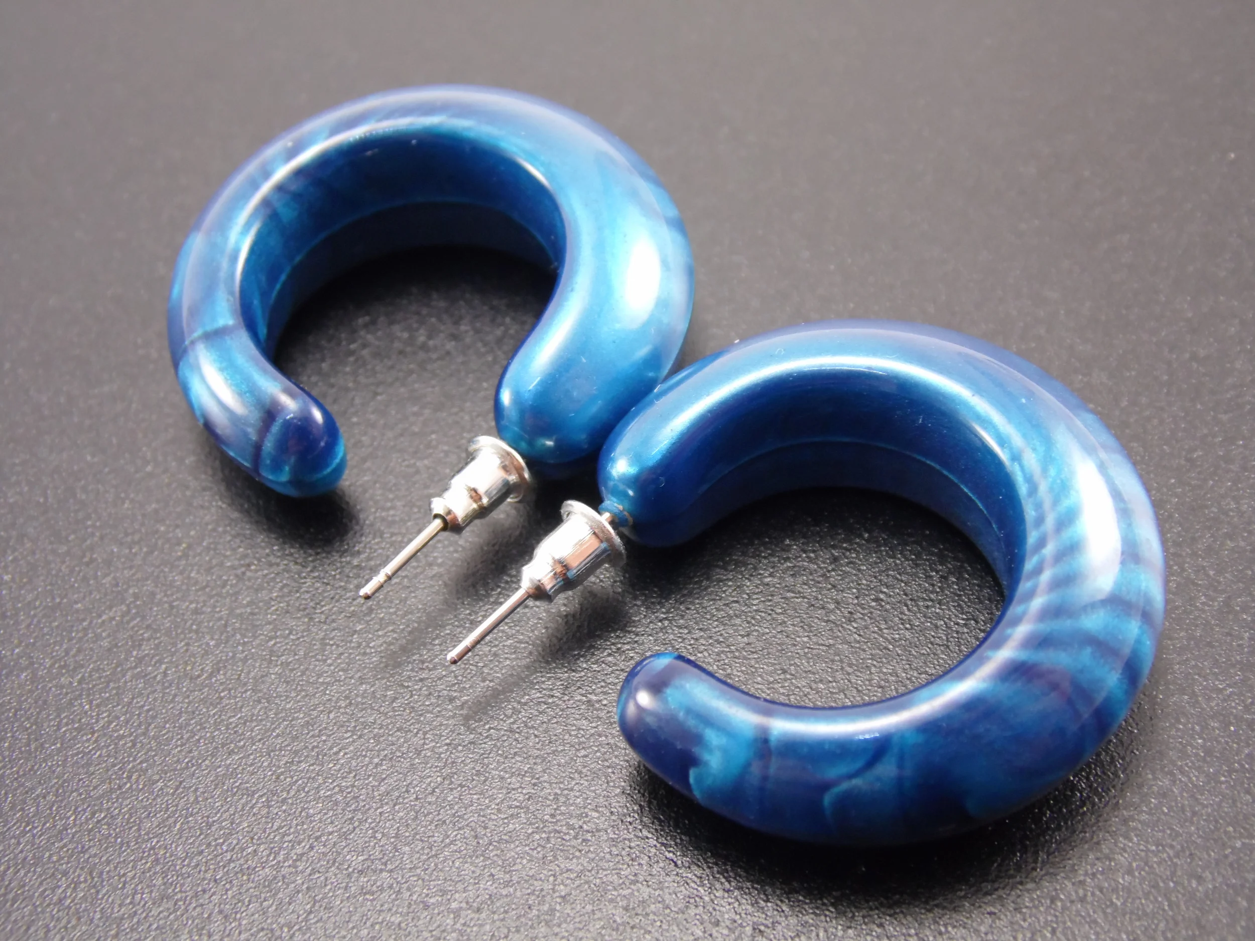Vintage Teal Blue Metallic Pearlescent Acrylic Semi Hoop Earrings