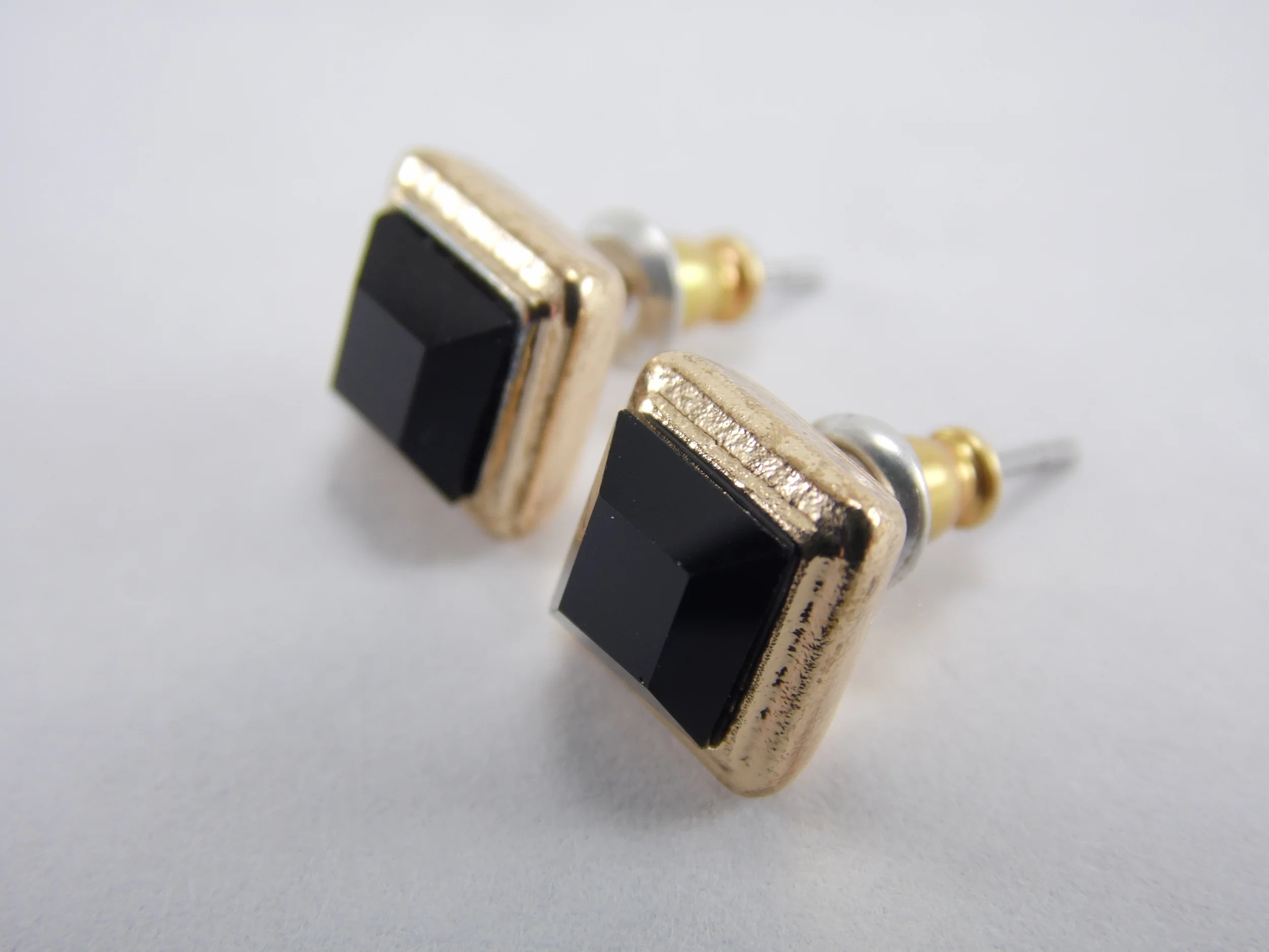 Vintage Faceted Black Onyx Square Cut Goldtone Stud Earrings