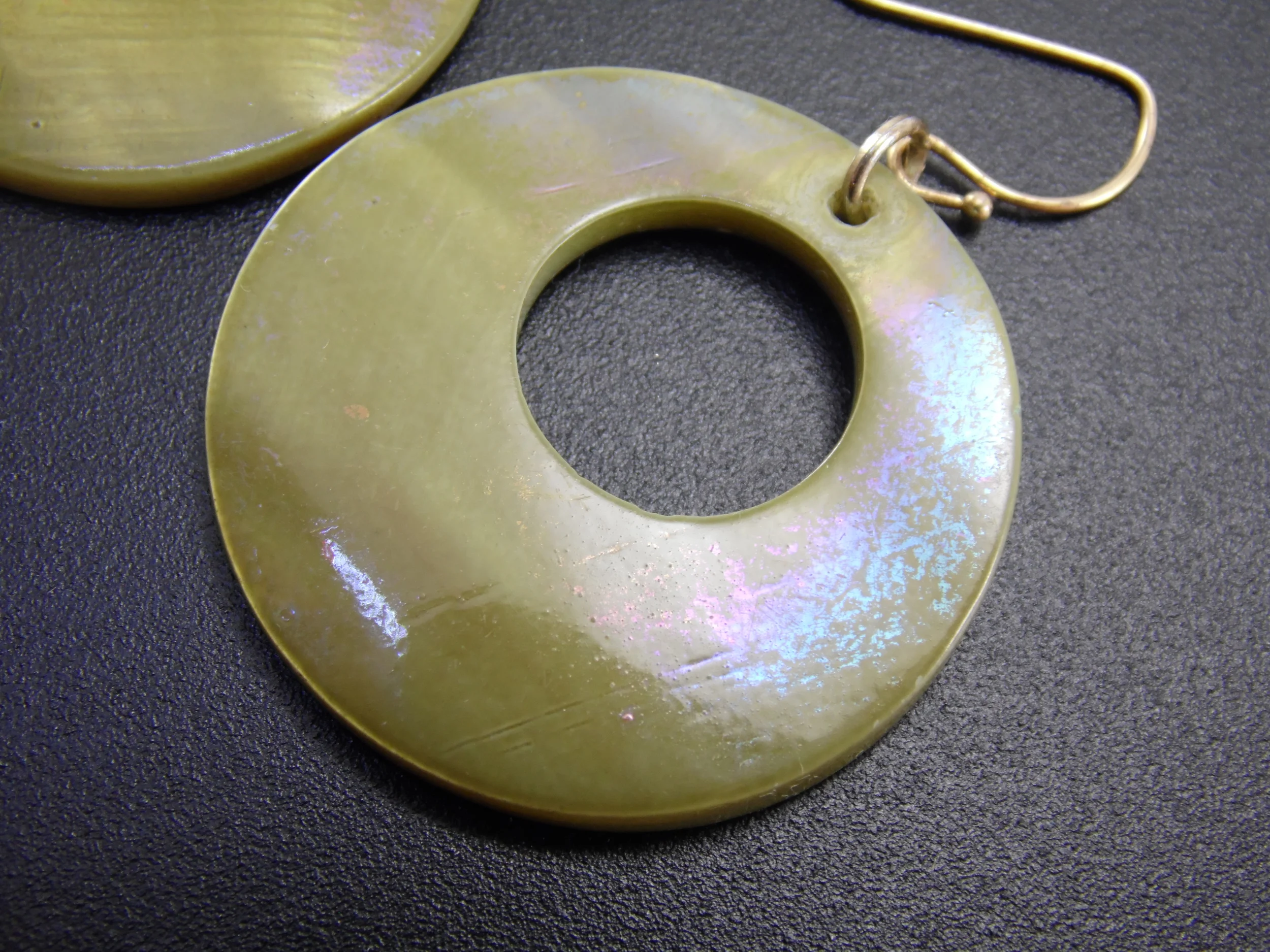 Vintage Green Pearlescent Abalone Shell Dangle Drop Hoop Earrings