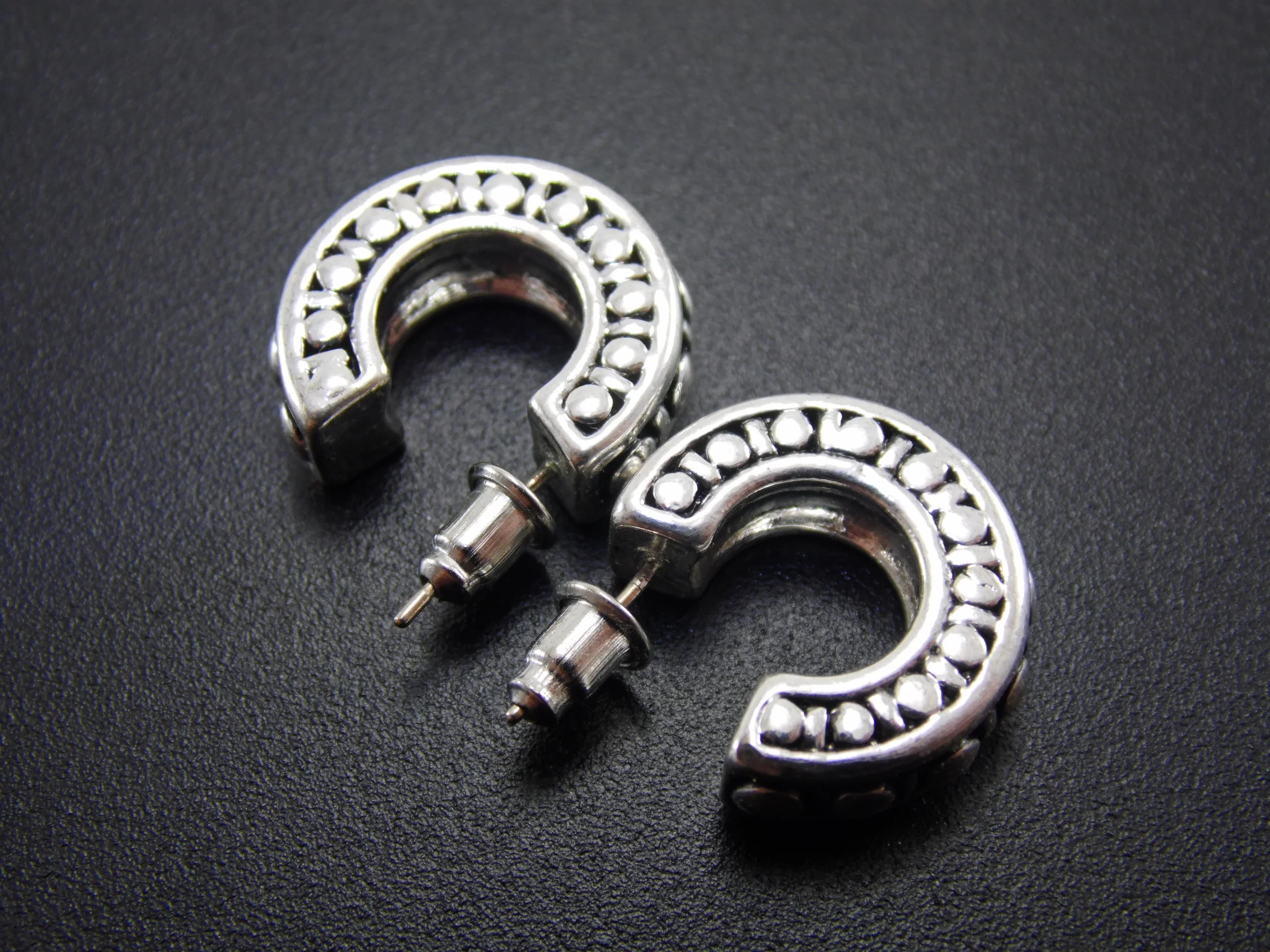 Vintage Silvertone Studded Semi Hoop Earrings