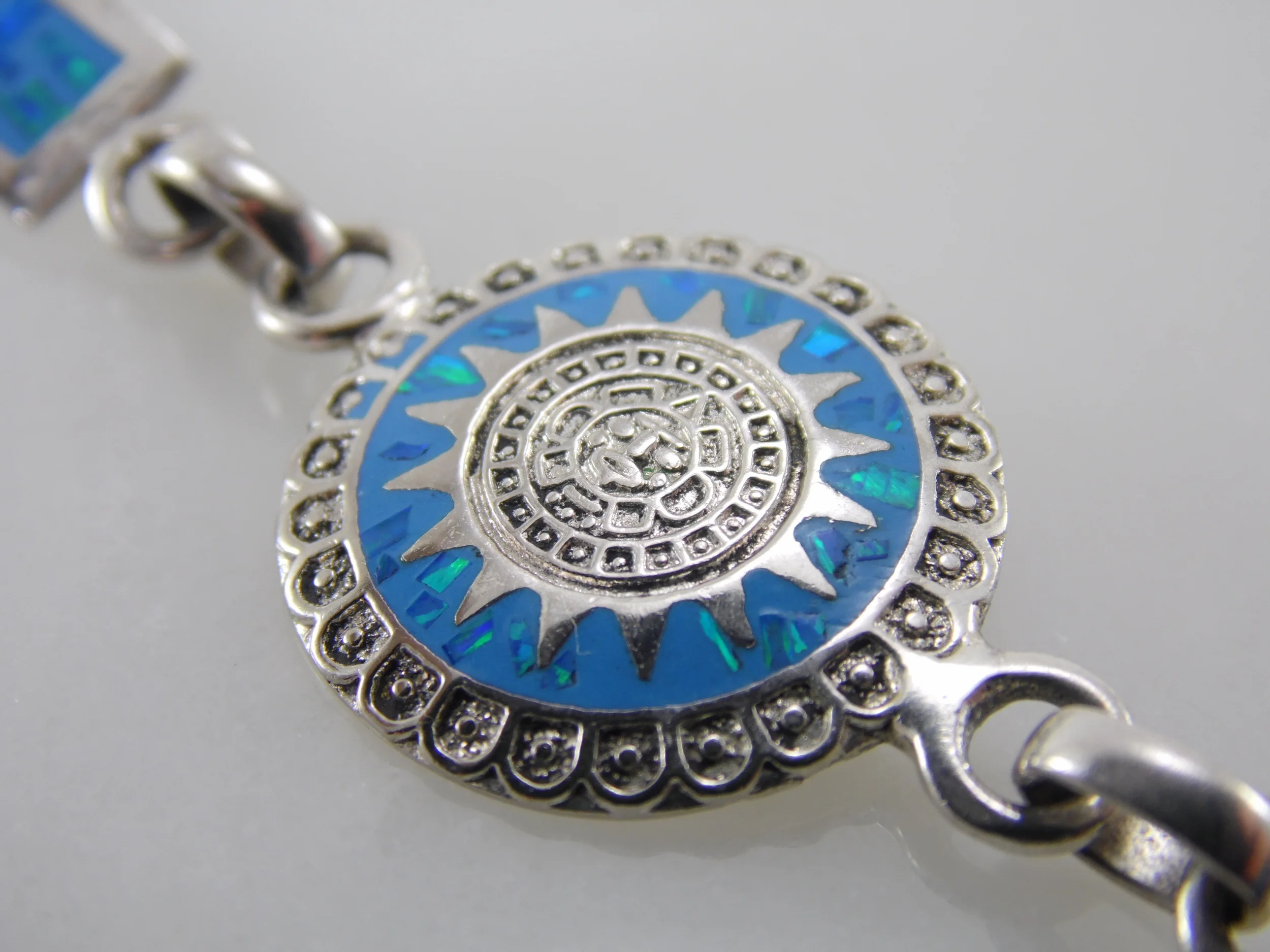 Vintage Native American Real Genuine Blue Turquoise &amp; Opal Inlay Silver Plated Bracelet