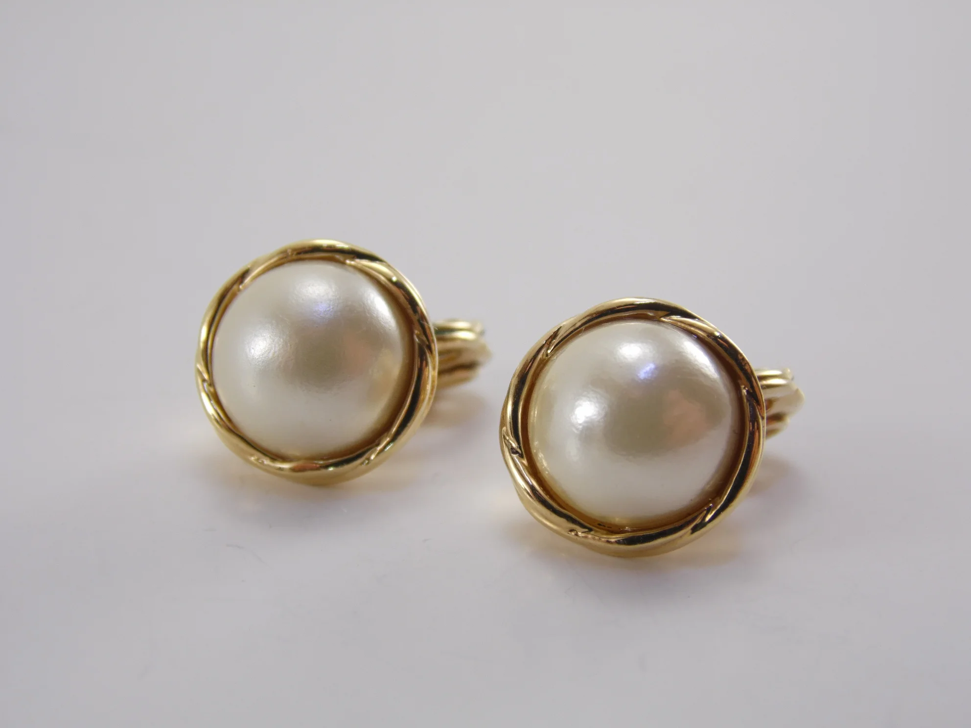 Vintage Signed "Monet" Faux Pearl Gold Tone Clip On Earrings