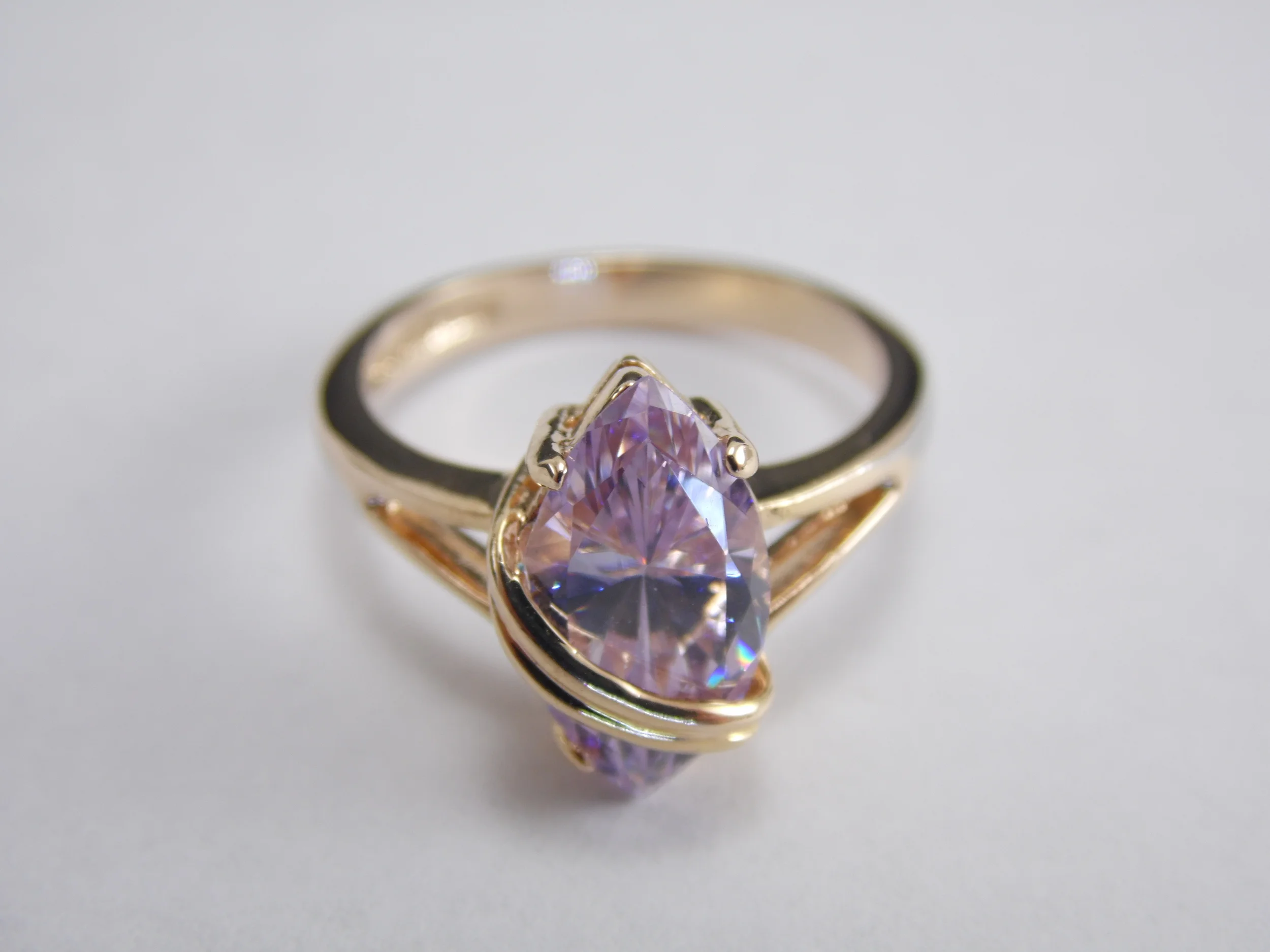 Size 7.5 18K GE Gold Electroplate Marquise Cut Purple Diamond Cubic Zirconia CZ Vintage Solitaire Statement Ring 3ct T.W