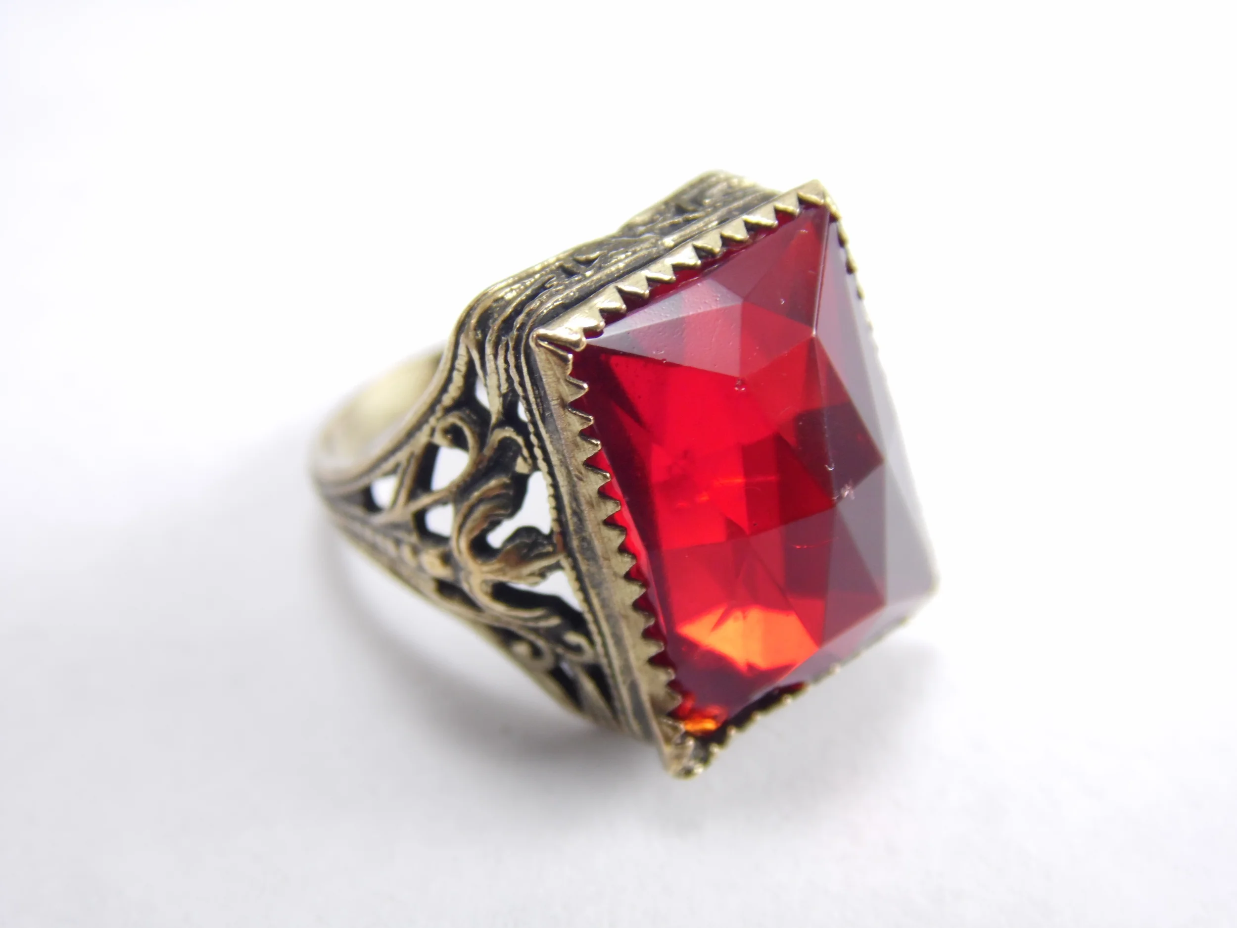 Size 2.5 Signed "Nemco" Emerald Cut Faux Red Ruby Vintage Brass Filigree Statement Antique Ring from 1920's-1930's