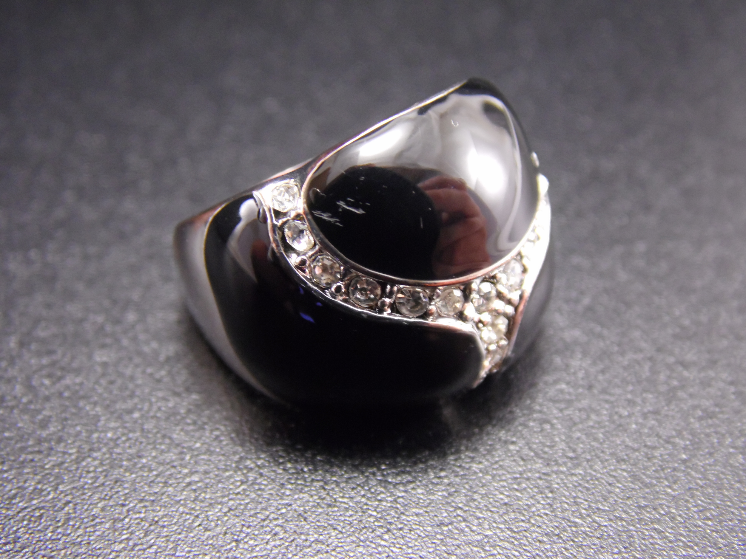 Size 5 Black Enamel Silver Tone Rhinestone Cubic Zirconia CZ Vintage Statement Ring .5ct T.W