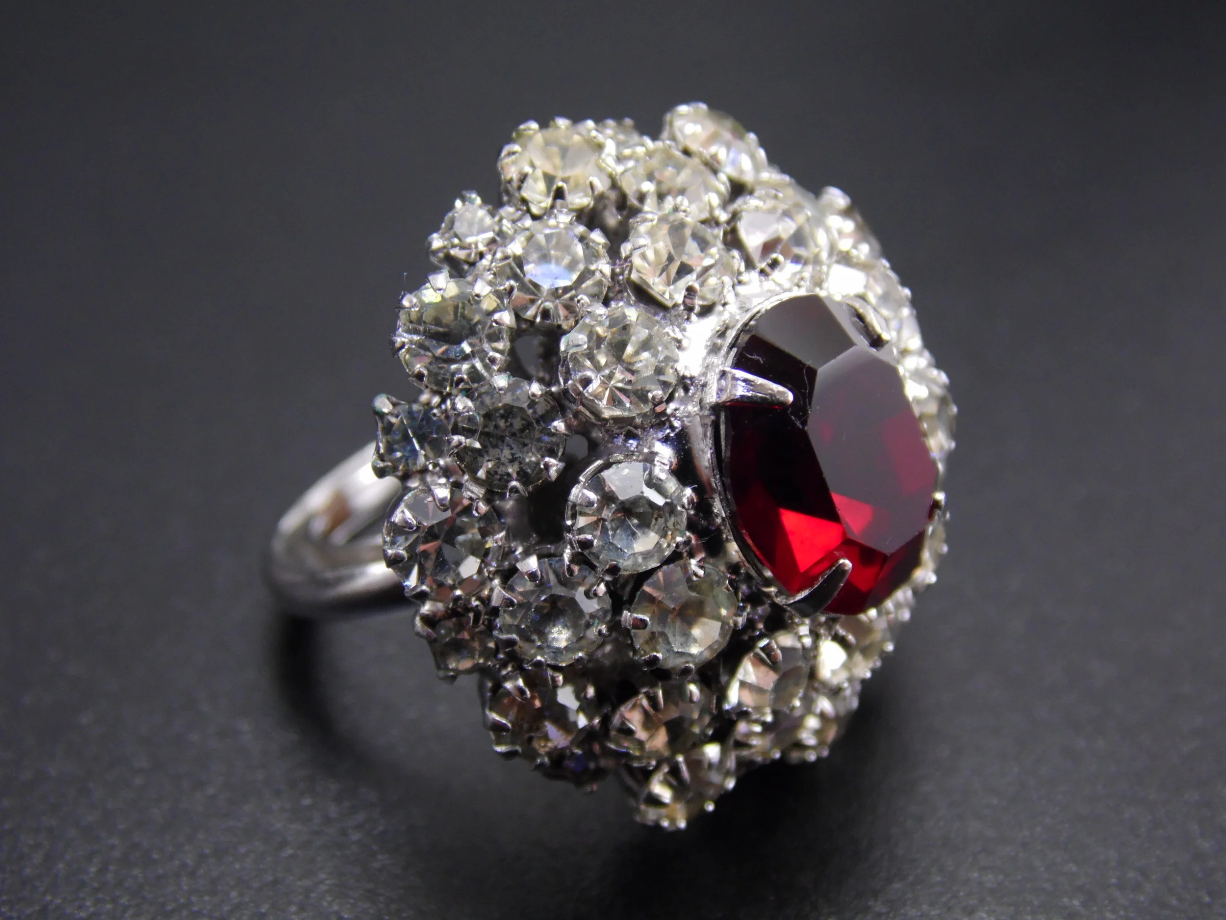 Size 5 Stunning Adjustable Silver Plated Faux Red Ruby & Diamond Cubic Zirconia CZ Accents Vintage Halo Cocktail Statement Ring 13.5ct T.W