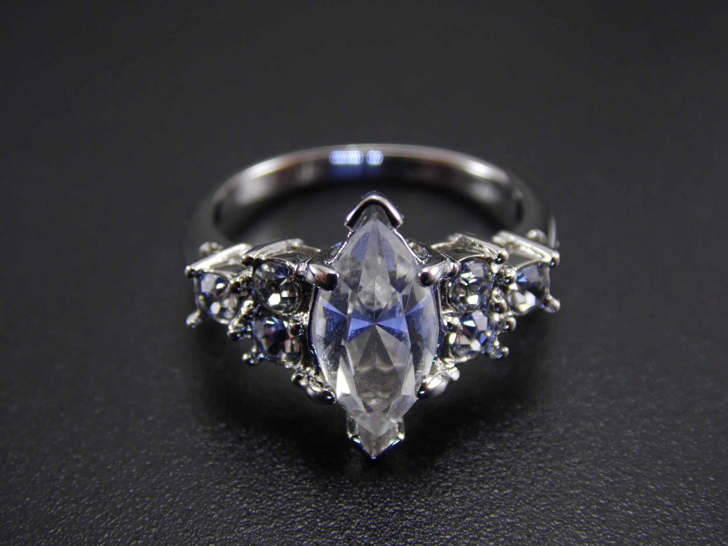 Size 8 Silver Plated Marquise & Round Cut Faux Diamond Cubic Zirconia CZ Vintage Engagement Cocktail Statement Promise Ring 2.18ct T.W