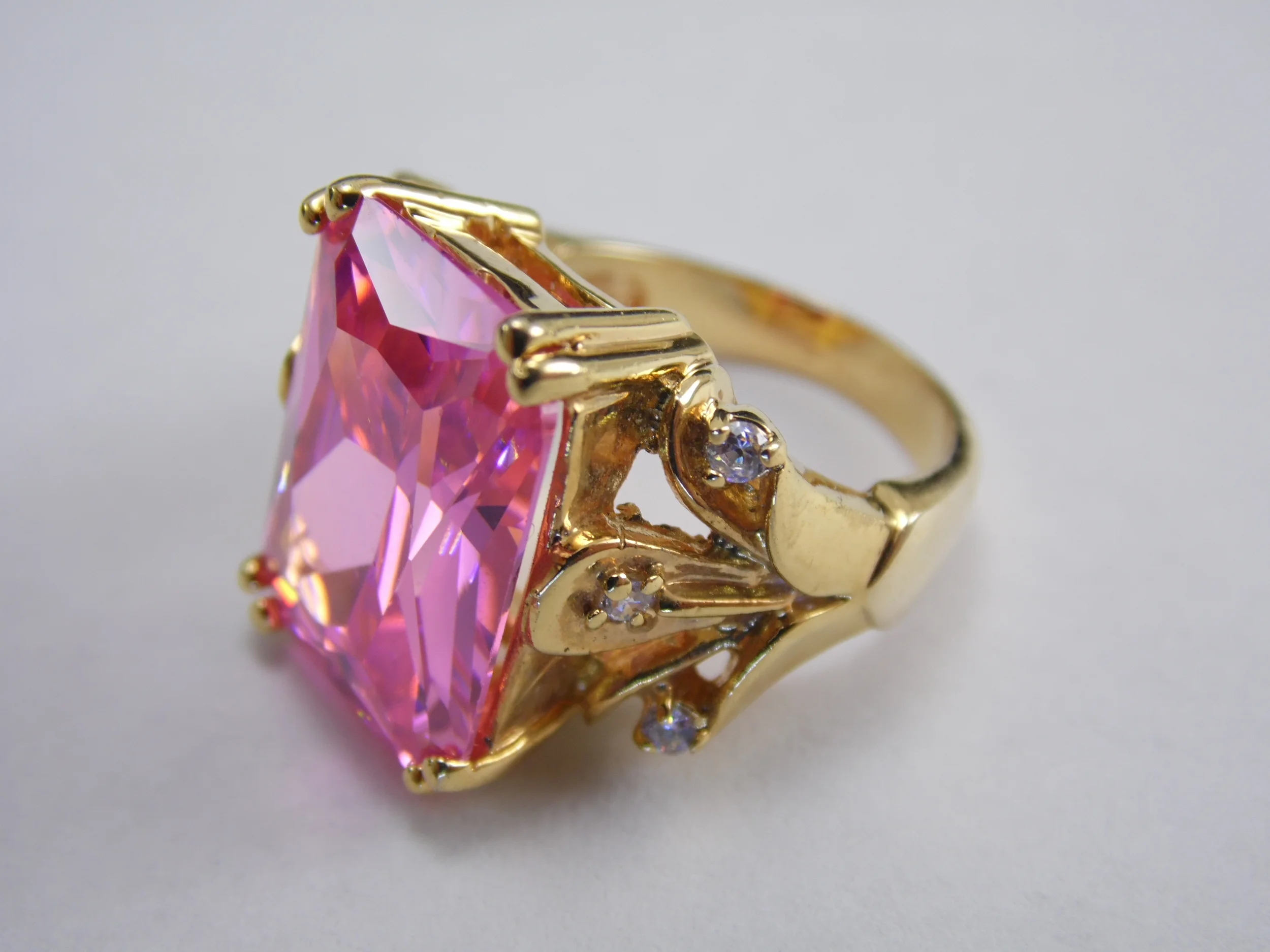 Size 6 Gold Tone Radiant Cut Faux Pink Sapphire Multi Stone Vintage Cocktail Statement Ring 10ct T.W