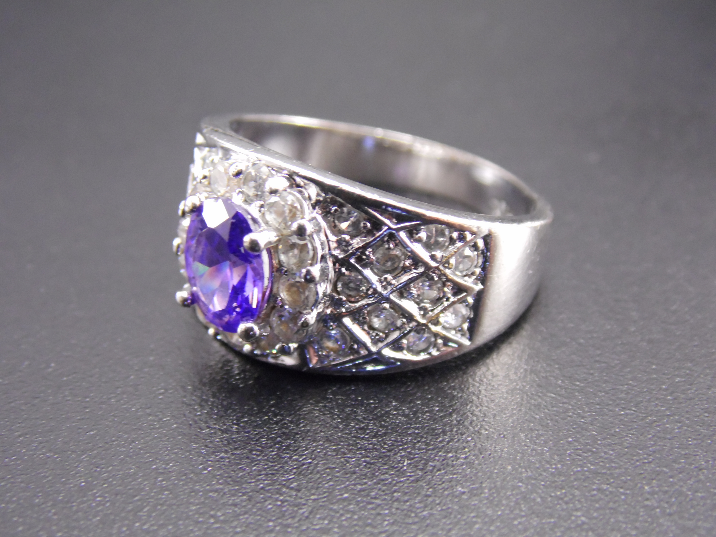 Size 10 Silver Plated Faux Oval Cut Purple Amethyst February Birthstone Vintage Halo Cocktail Multi Stone Statement Ring 2.22ct T.W