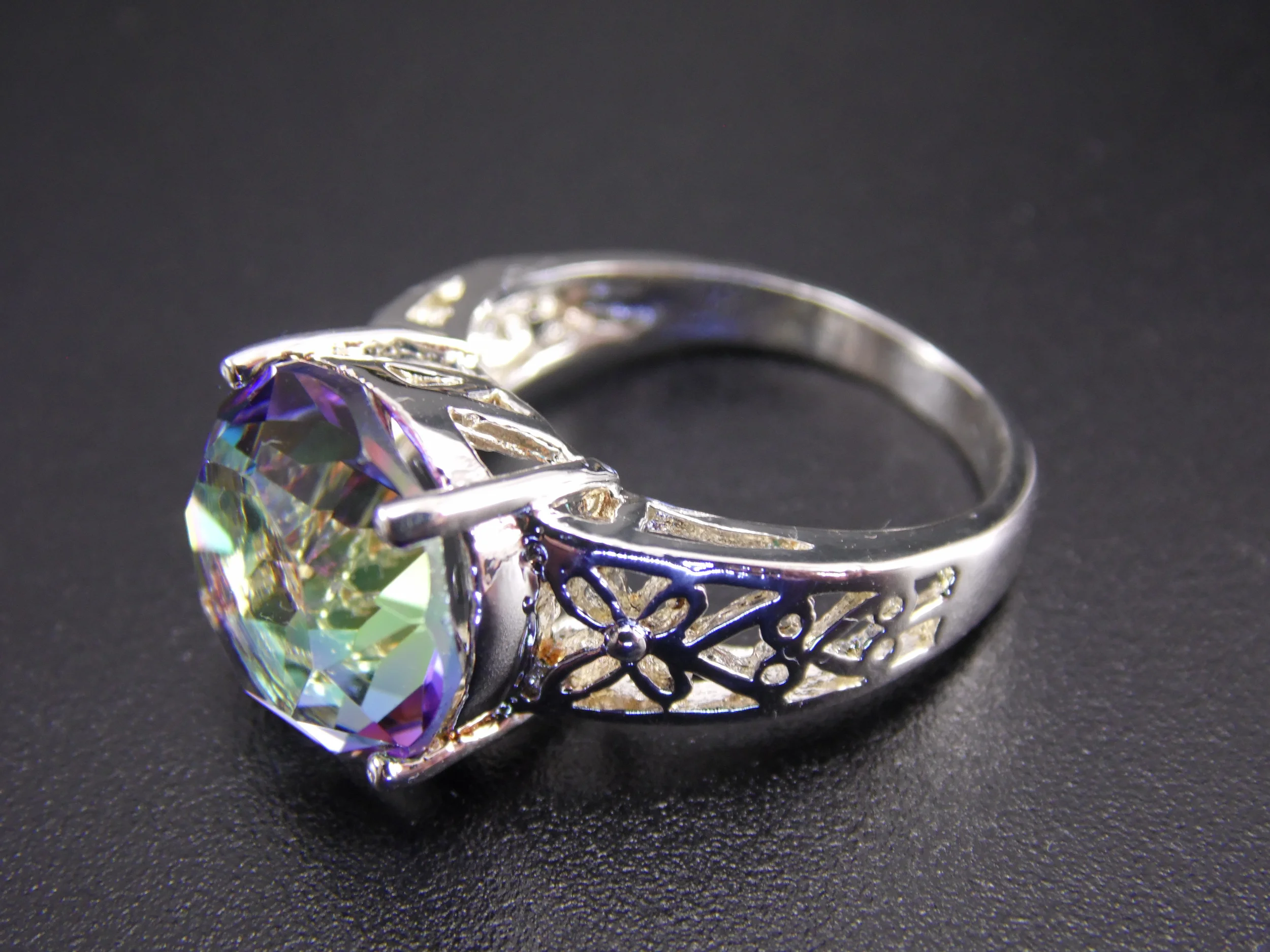 Size 9 Silver Tone Filigree Round Cut Faux Blue Alexandrite Vintage Gemstone Solitaire Engagement Statement Ring 6ct T.W