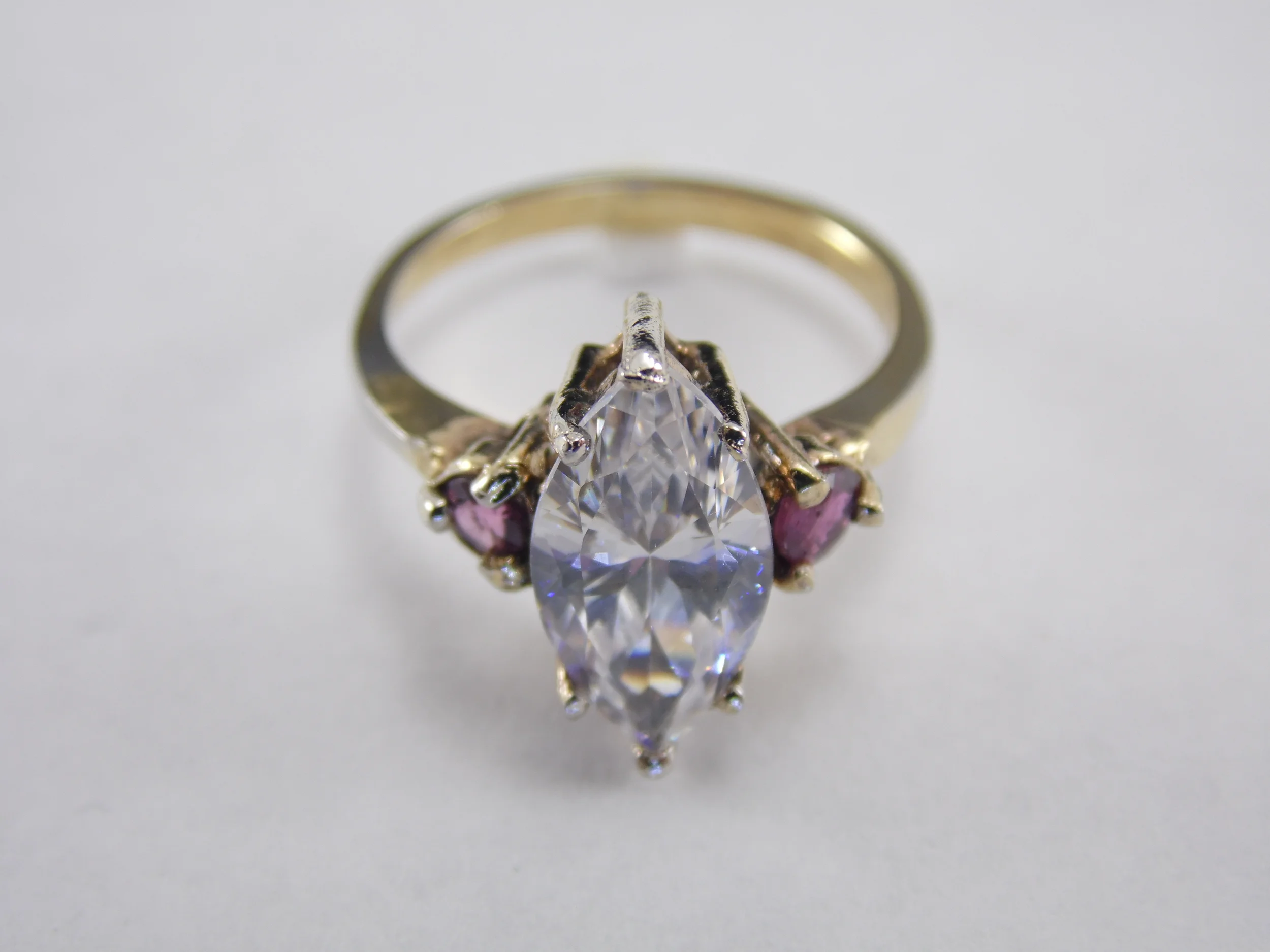 Size-7 Prong Set Gold Tone Round Cut Genuine Deep Purple Amethyst Gemstone & Cubic Zirconia CZ Vintage Three Stone Statement Ring 3.2ct T.W