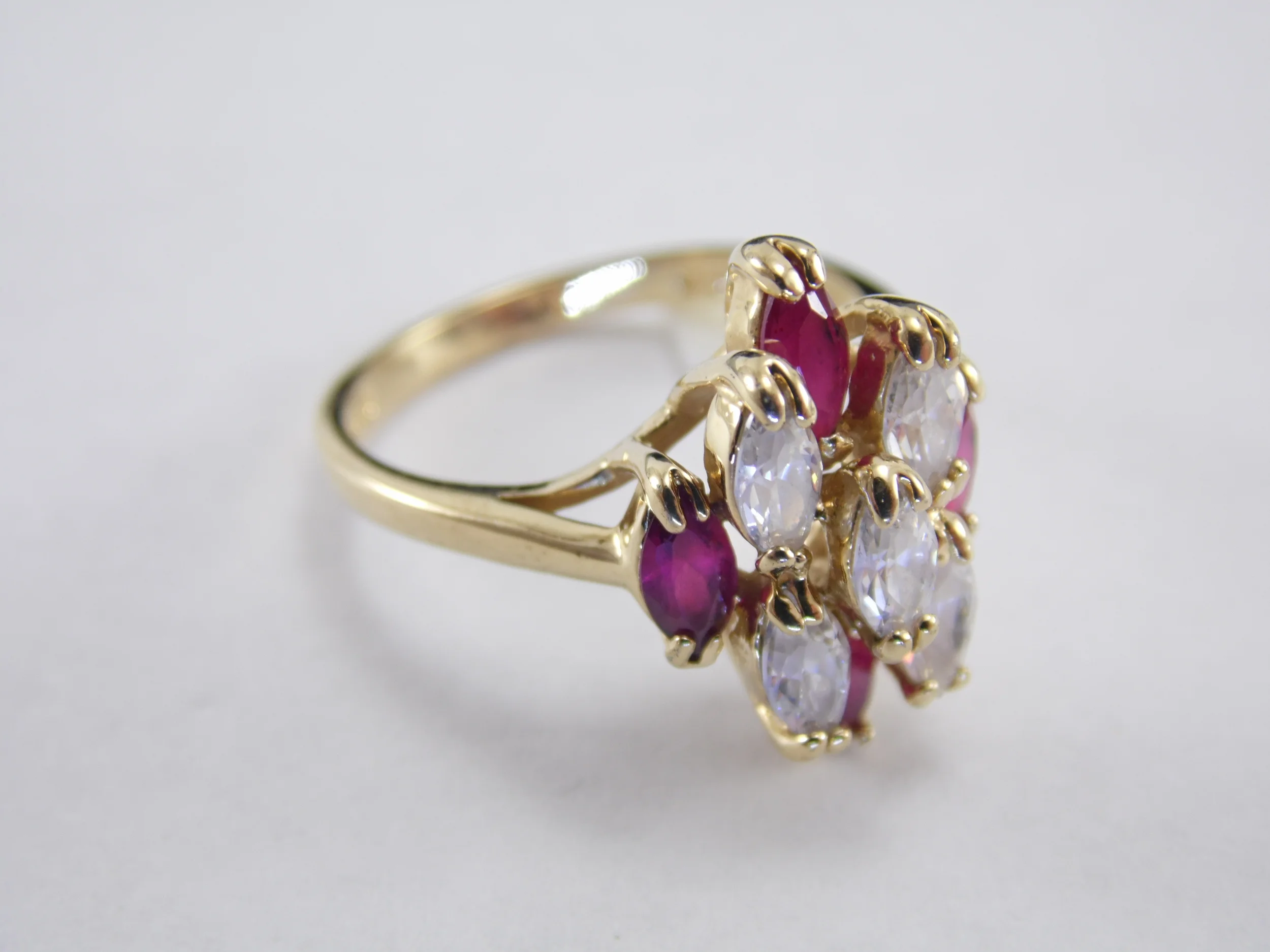 Size 9 14K HGE Gold Electroplated Prong Set Marquise Cut Diamond Cubic Zirconia & Faux Red Ruby Vintage Statement Cocktail Ring 4.05ct T.W