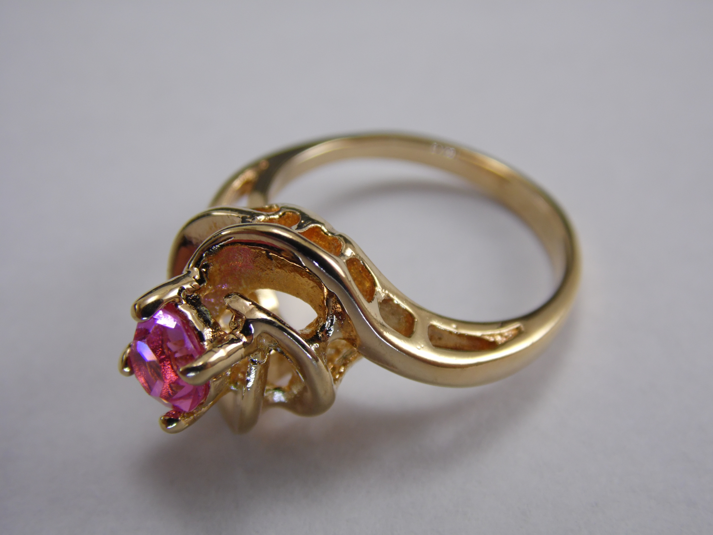 Size 7 18KT GE Faux Pink Sapphire Topaz Diamond Cubic Zirconia Vintage Spiral Solitaire Statement Birthstone Promise Ring .50ct T.W