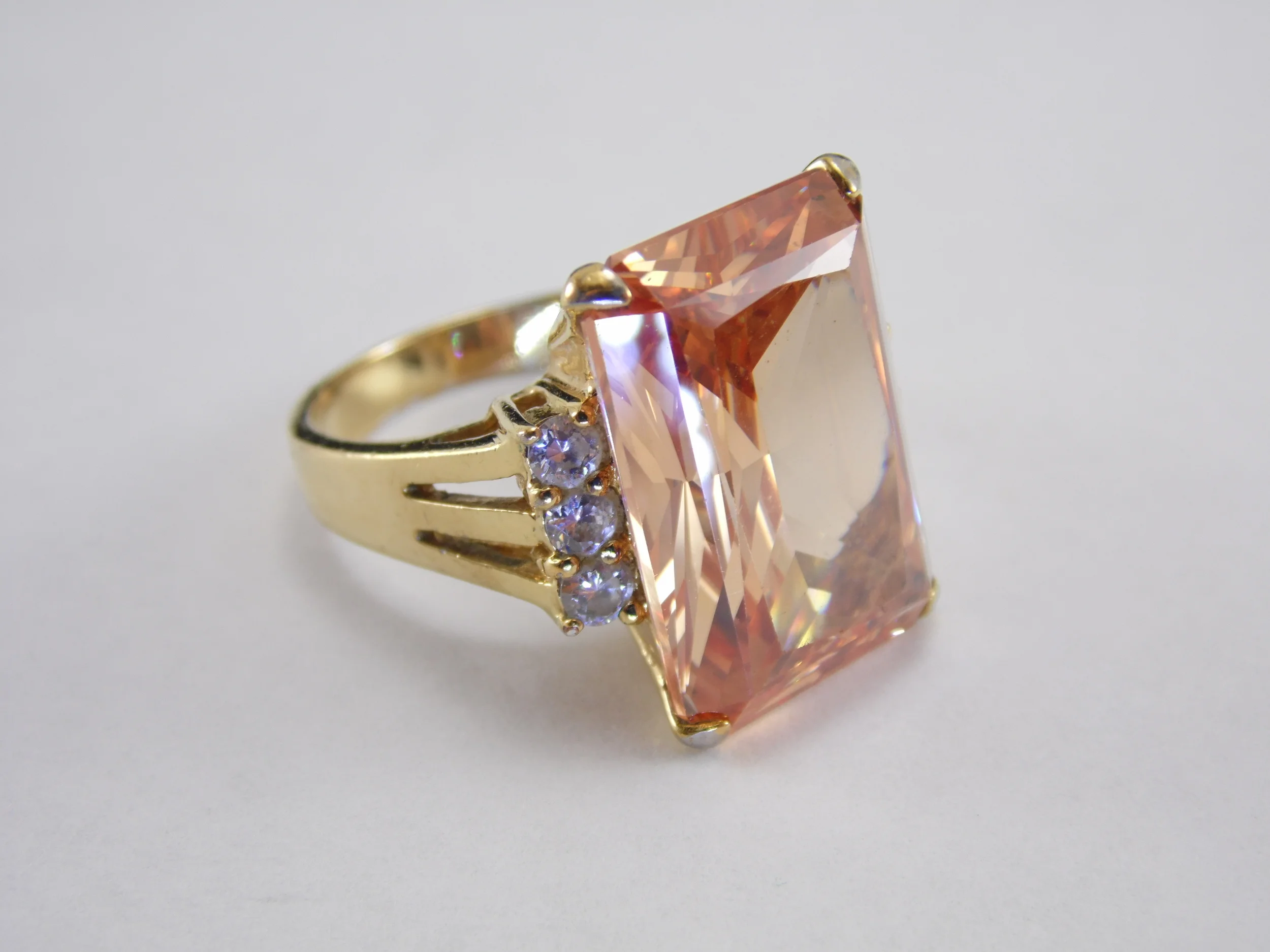 Size 10 925 Sterling Silver Gold Plated Emerald Cut Faux Citrine Topaz Cabochon with Cubic Zirconia Accents Vintage Cocktail Statement Ring