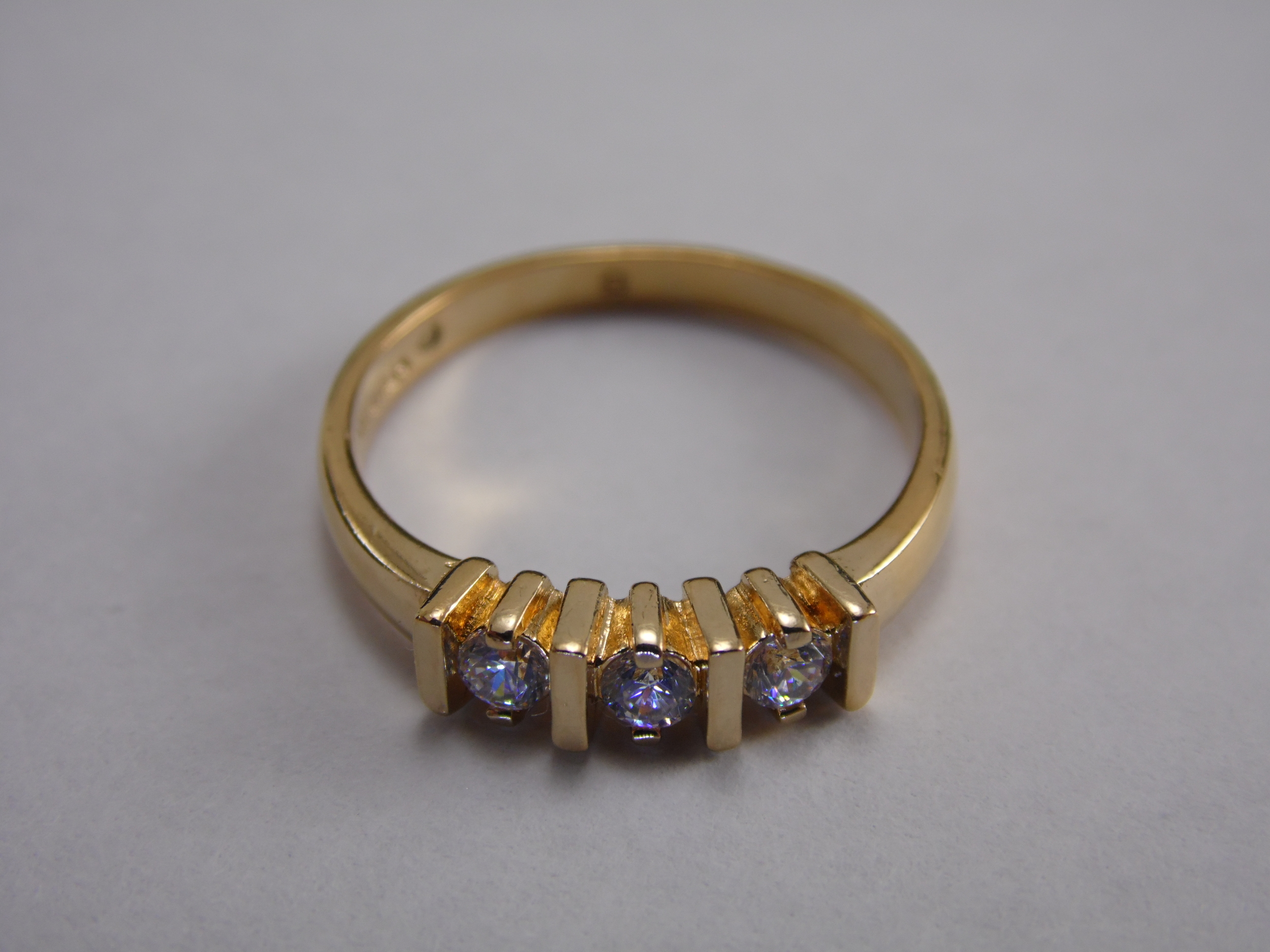 Size 7 Round Cut Gold Plated Cubic Zirconia CZ Vintage Three Stone Triplet Ring 1/30 ct T.W