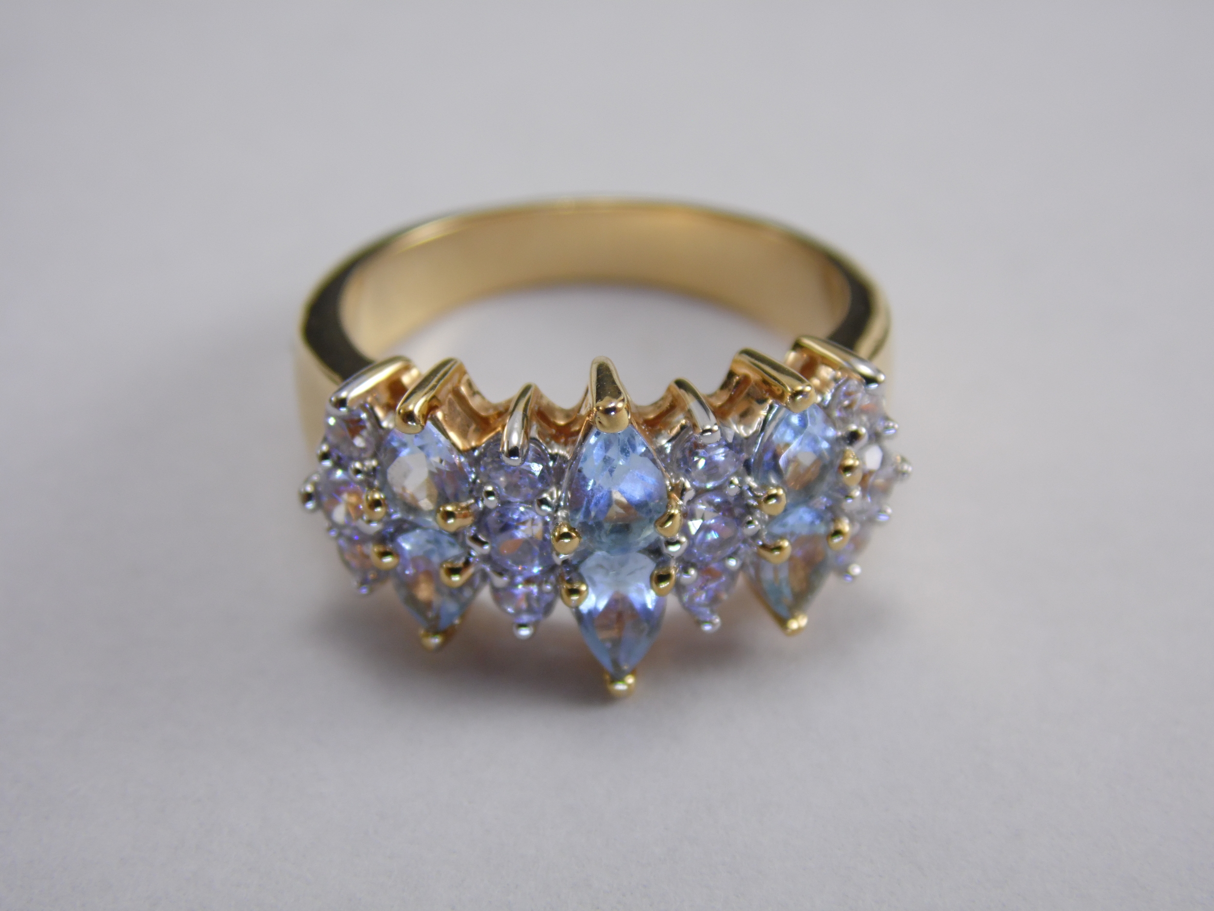 Size 7 Blue Pear Cut Aquamarine & Round Cut Cubic Zirconia CZ Vintage Gold Tone Multi Stone Statement Cocktail Engagement Promise 1.56ct T.W