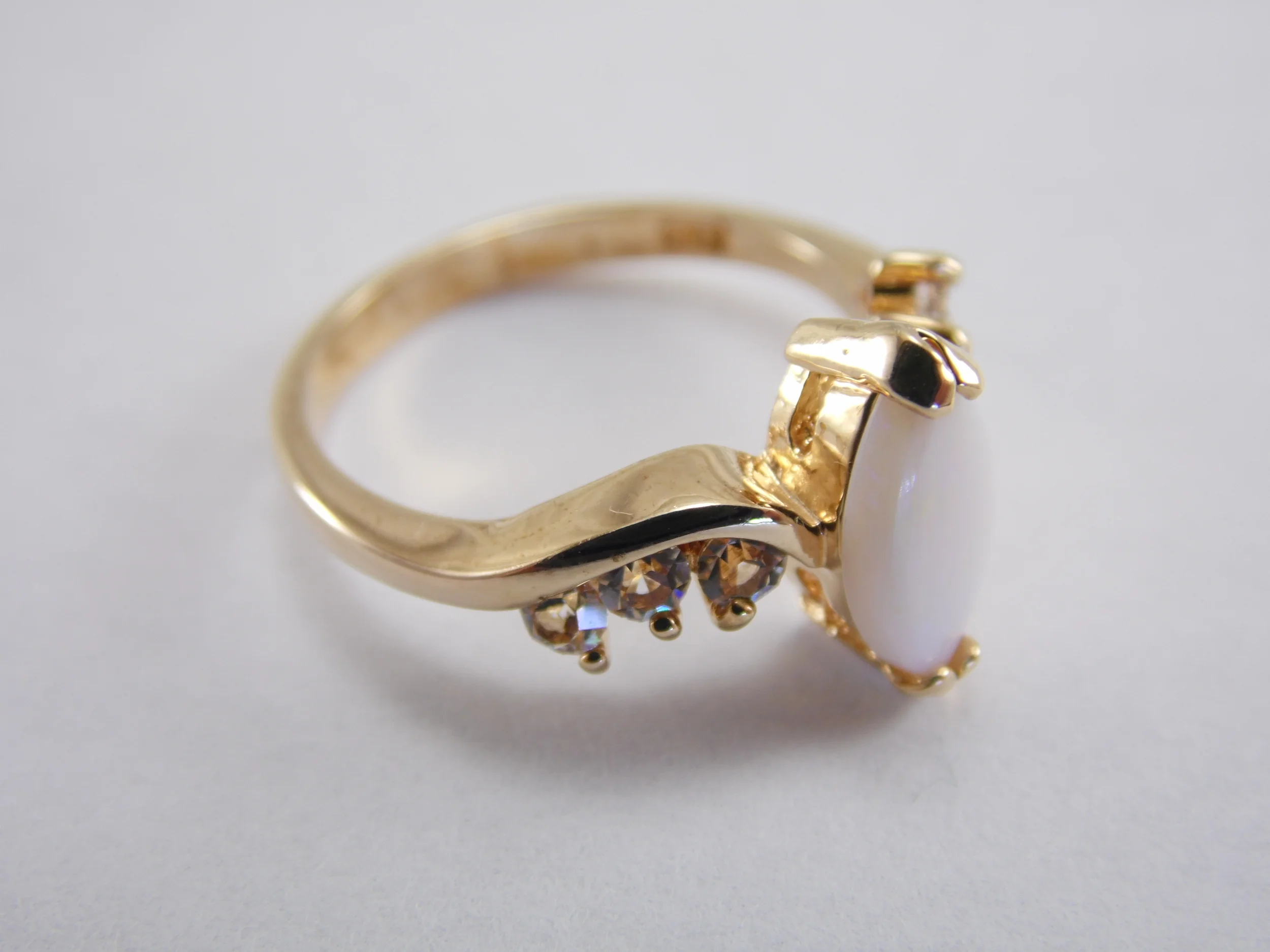 Size 6 Gold Prong Set Genuine Solid White Opal with Cubic Zirconia CZ Accents Vintage Multi Stone Engagement Promise Ring .77ct T.W