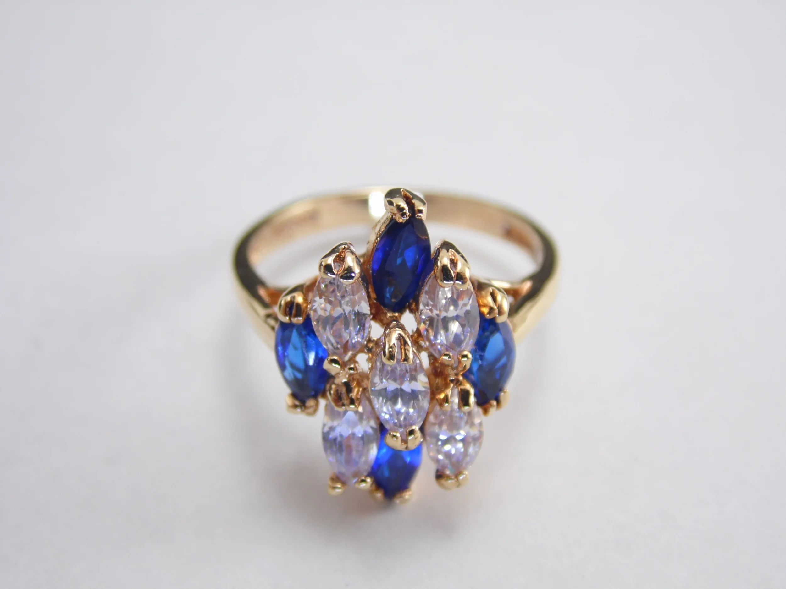 Size 8 14K HGE Marquise Cut Blue Faux Sapphire Cubic Zirconia CZ Vintage Multi Stone Cocktail Statement Ring 2.4ct T.W