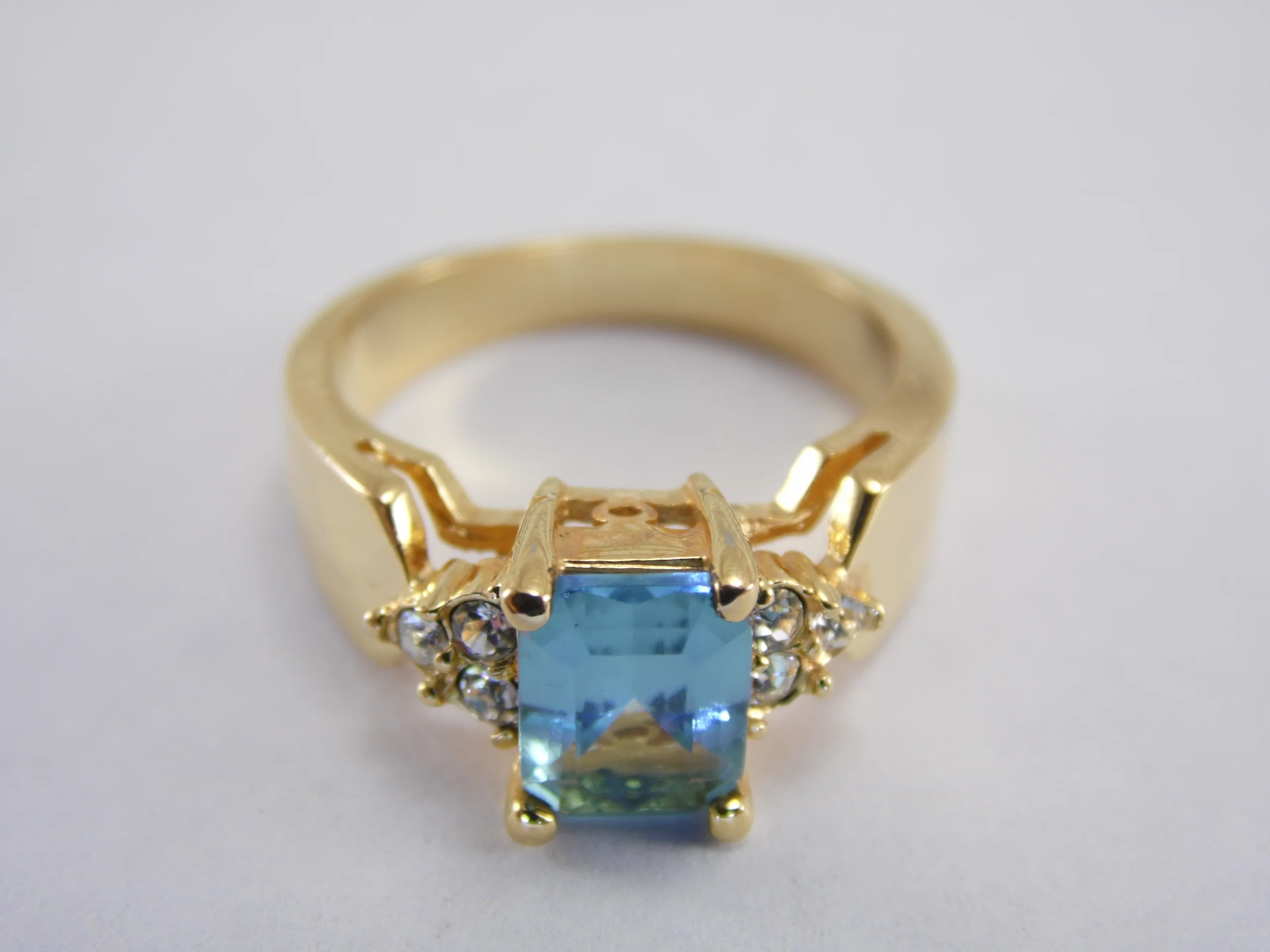 Size 7.5 Goldtone Prong Set Blue Faux Emerald Cut Aquamarine with Cubic Zirconia CZ Accents Vintage Engagement Promise Statement Ring