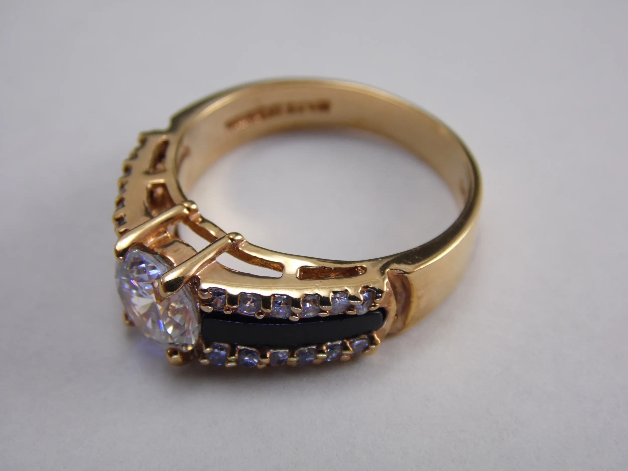 Size 9 14K HGE Faux Round Cut Diamond Cubic Zirconia CZ Onyx Vintage Multi Stone Cocktail Engagement Promise Statement Ring 1.97ct T.W