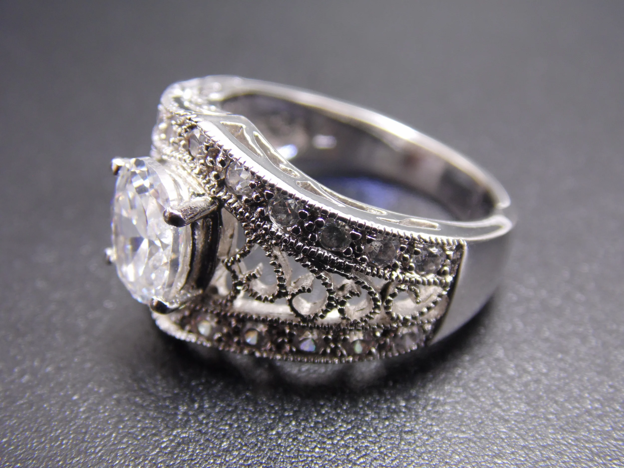 Vintage Signed "NV" Silverplated Size 7 Prong Set Filigree Diamond Cubic Zirconia CZ Engagement Statement Ring