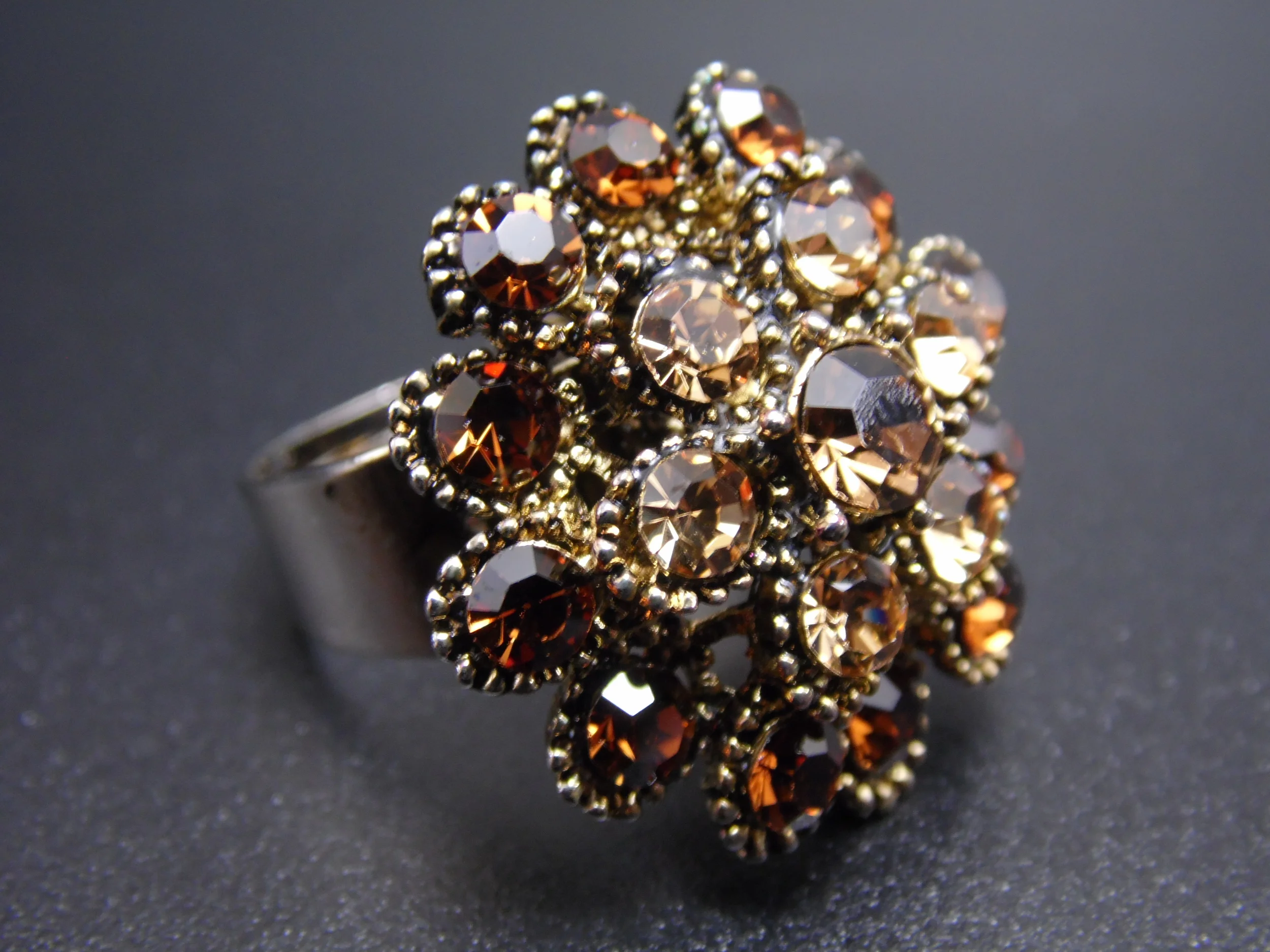 8 Inch Adjustable Multicolor Amber & Citrine Rhinestone Vintage Cocktail Statement Ring