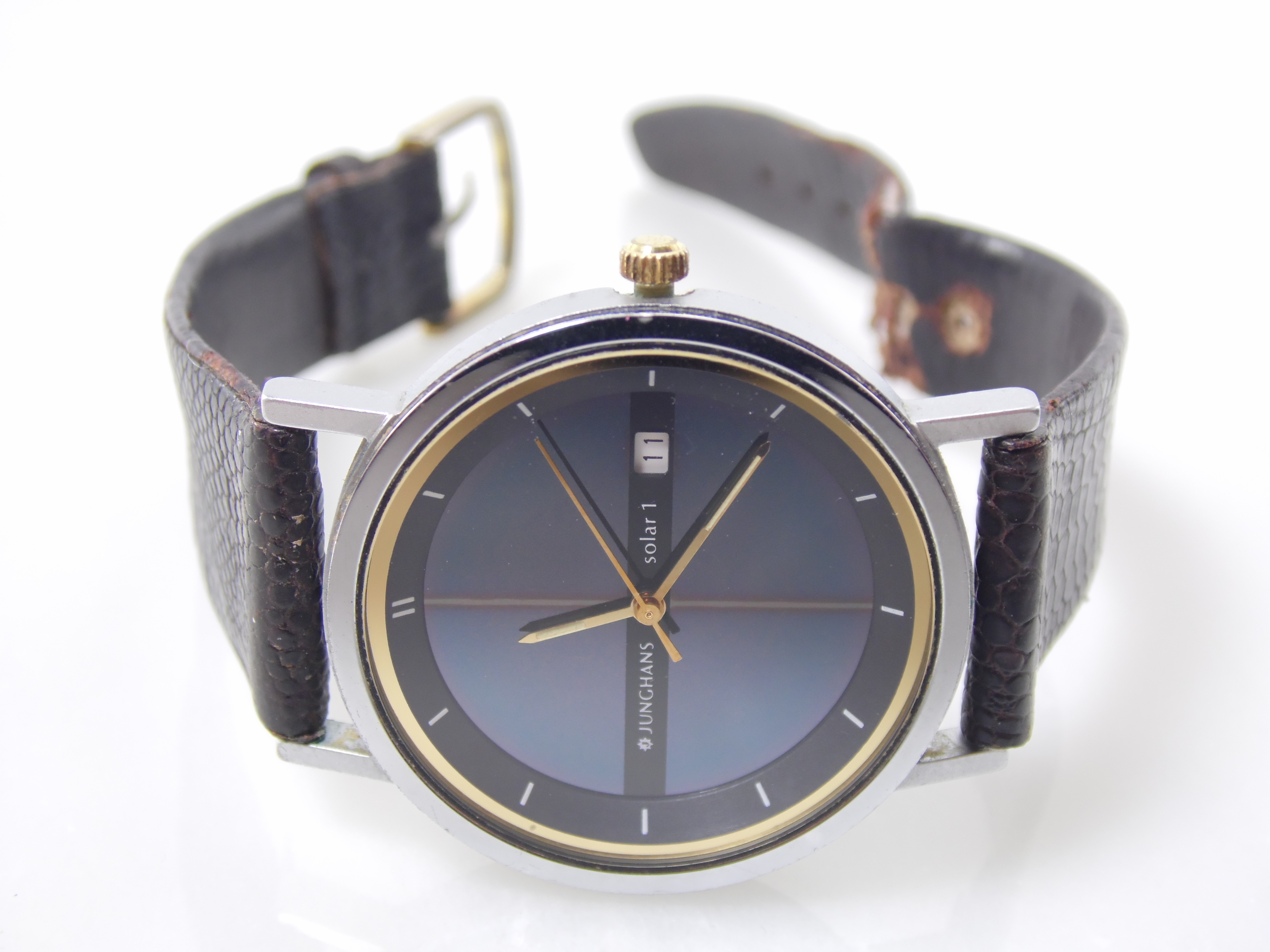 Rare Vintage Junghans Solar 1 Leather Strap Solar Powered Leather Band Mens Regular 7.75 Inch Adjustable Wrist Watch