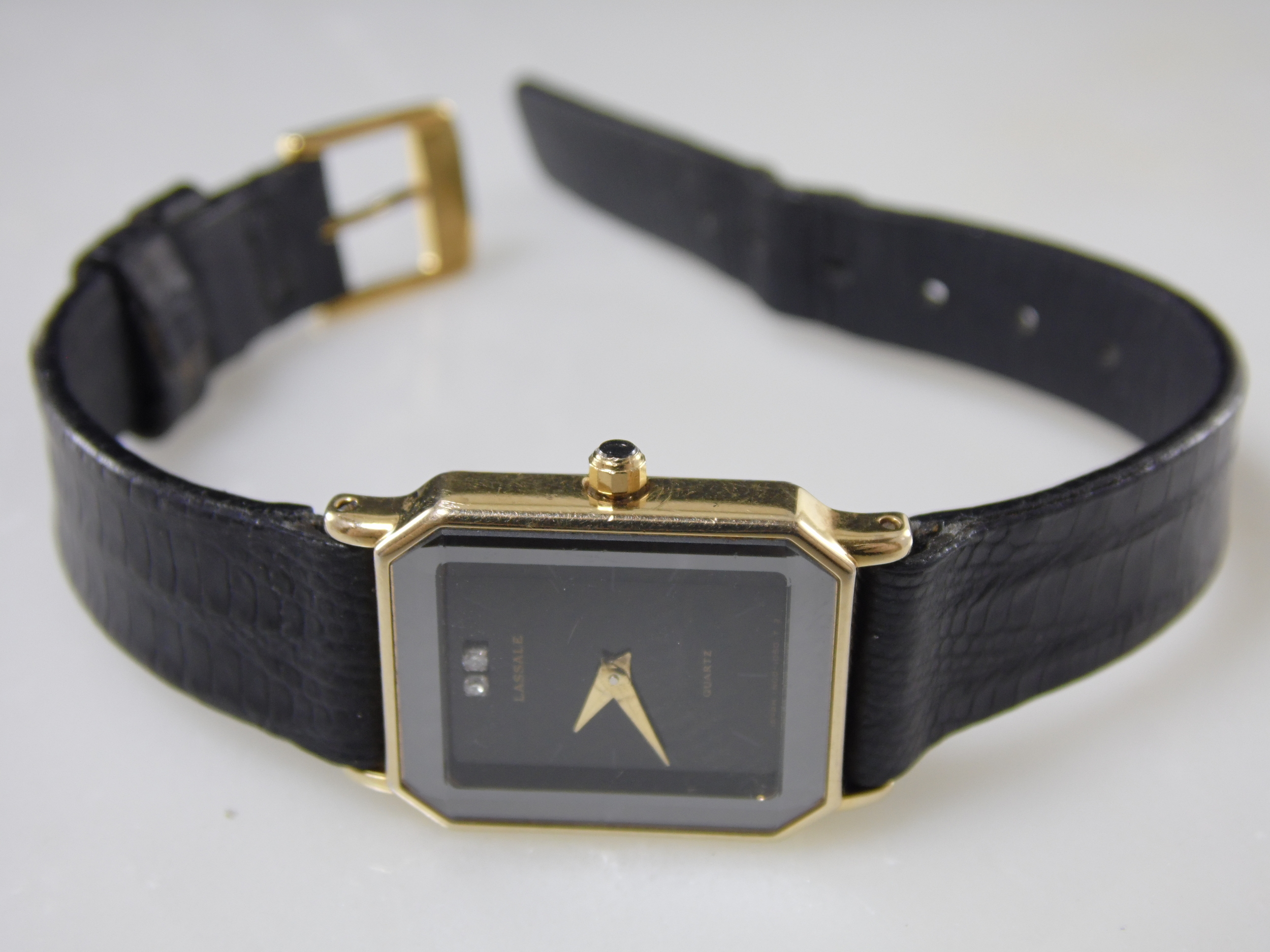 Rare Authentic Vintage Lasalle Genuine Double Diamonds Ladies Womens Black & Gold-tone Adjustable Leather Watch 