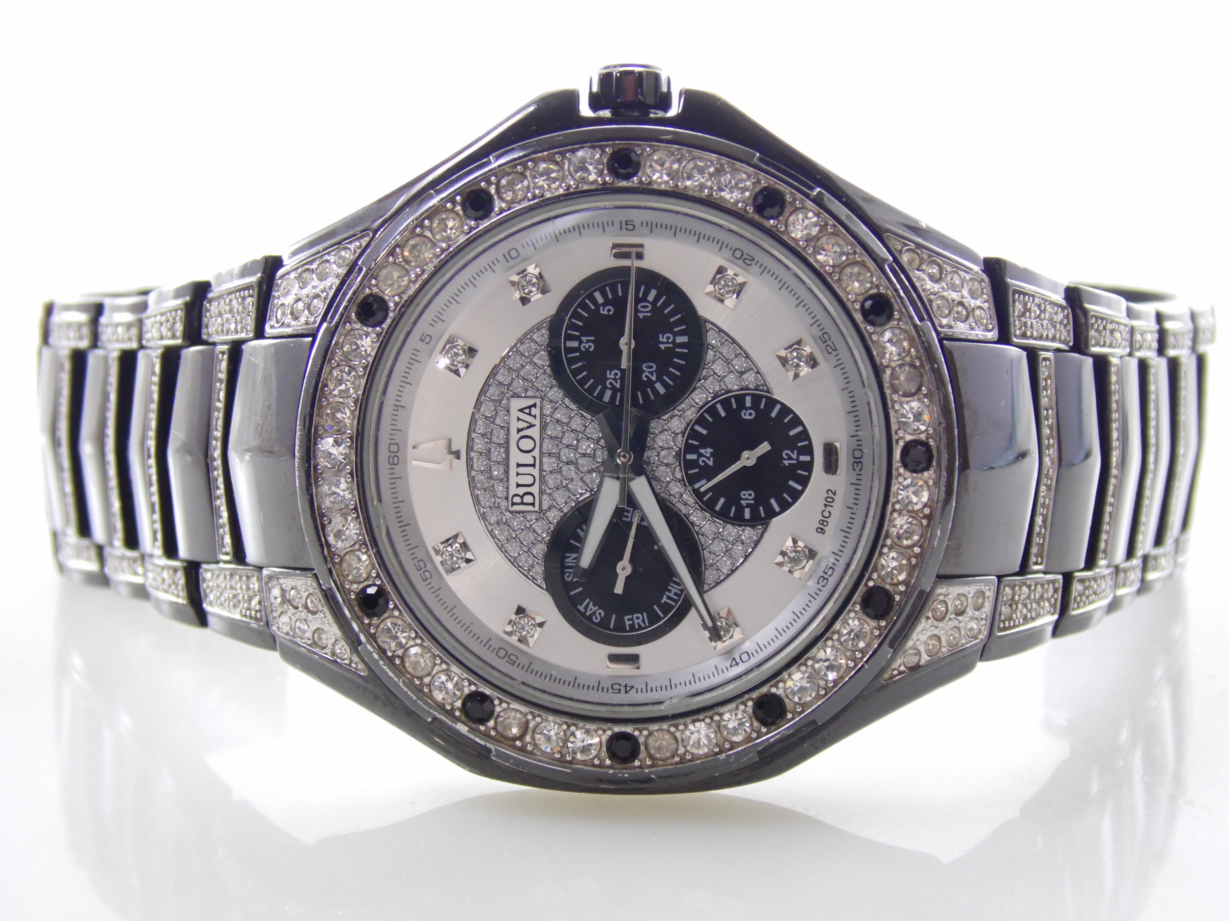 Mens Bulova 98C102 Black Stainless Steel Crystal Embellished Watch Pre-owned 