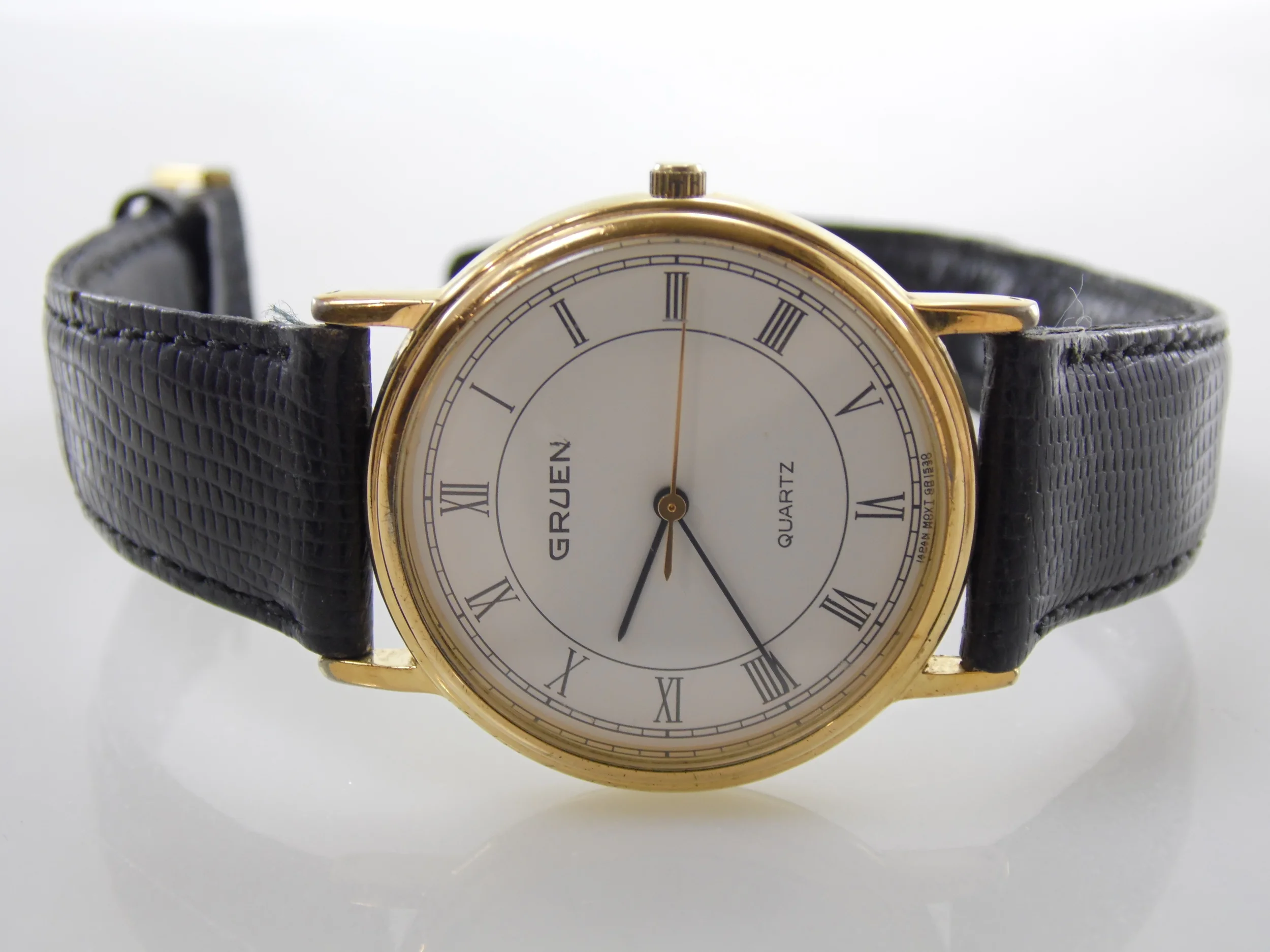 Vintage Mens Gruen Round Face Adjustable Leather Strap Quartz Watch Timepiece