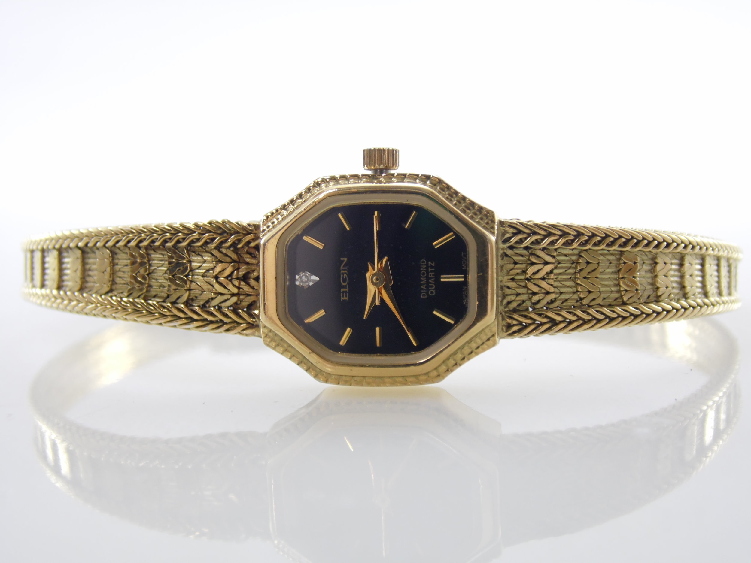 Vintage Elgin EK760-017 Genuine Diamond Gold-tone Black Dial Womens Quartz Watch 5Y30D