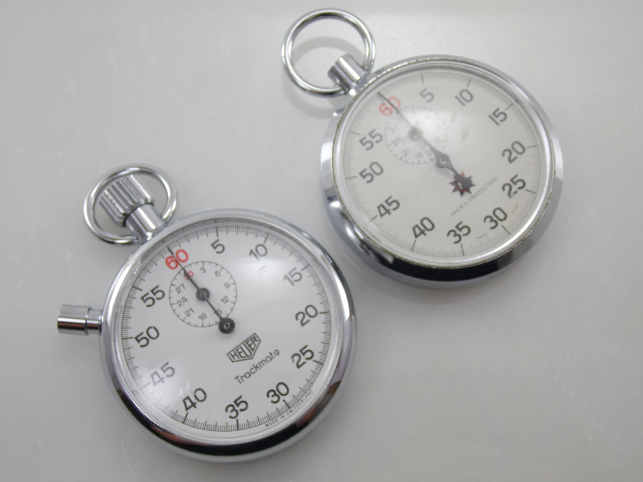 Rare Set of 2 Vintage Tag "Heuer" Trackmate & NE 2 inch diameter Swiss Stopwatches 