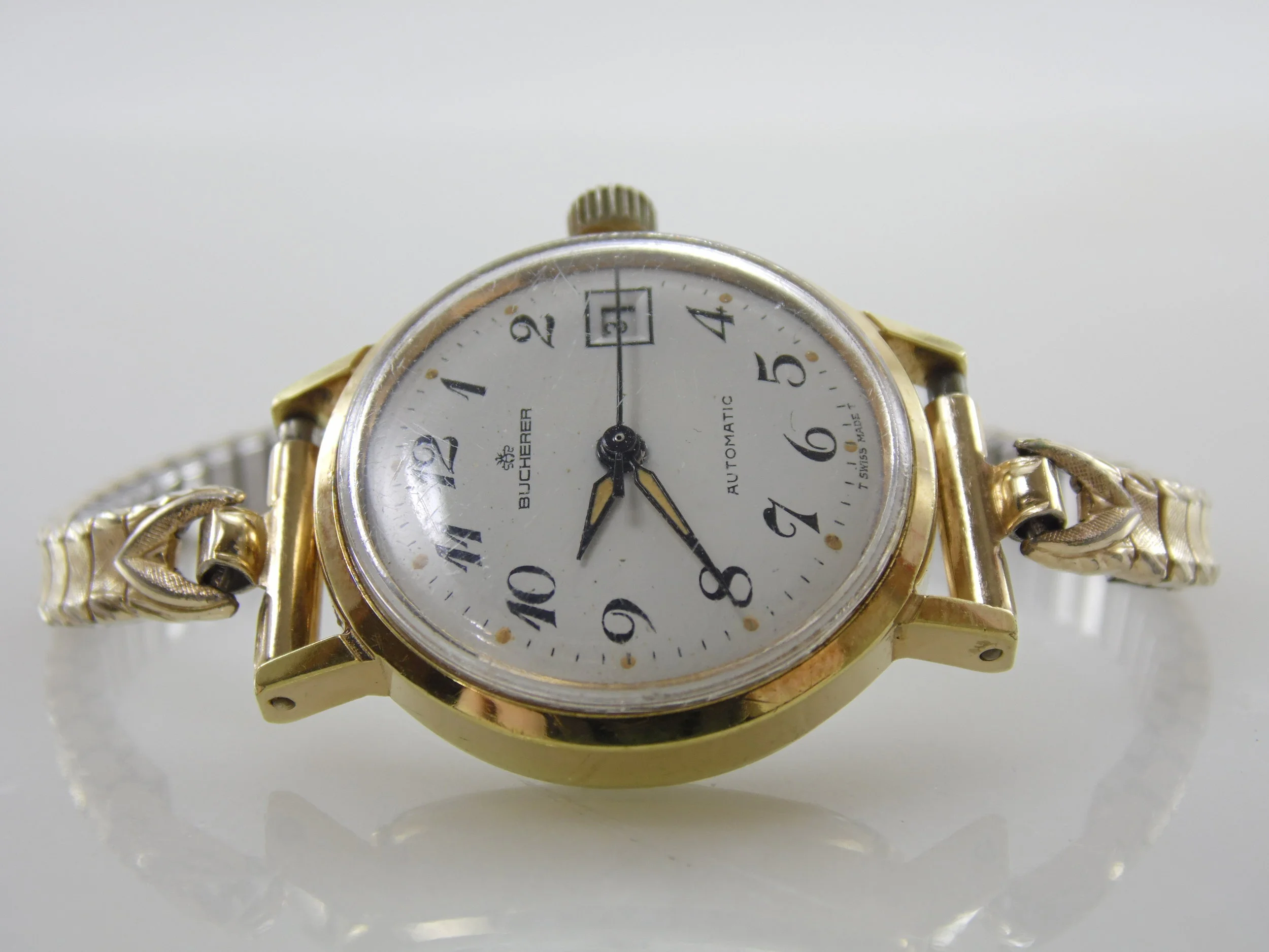 Rare Vintage Bucherer Womens Automatic 21 Jewels Swiss Incabloc Date Calendar Watch