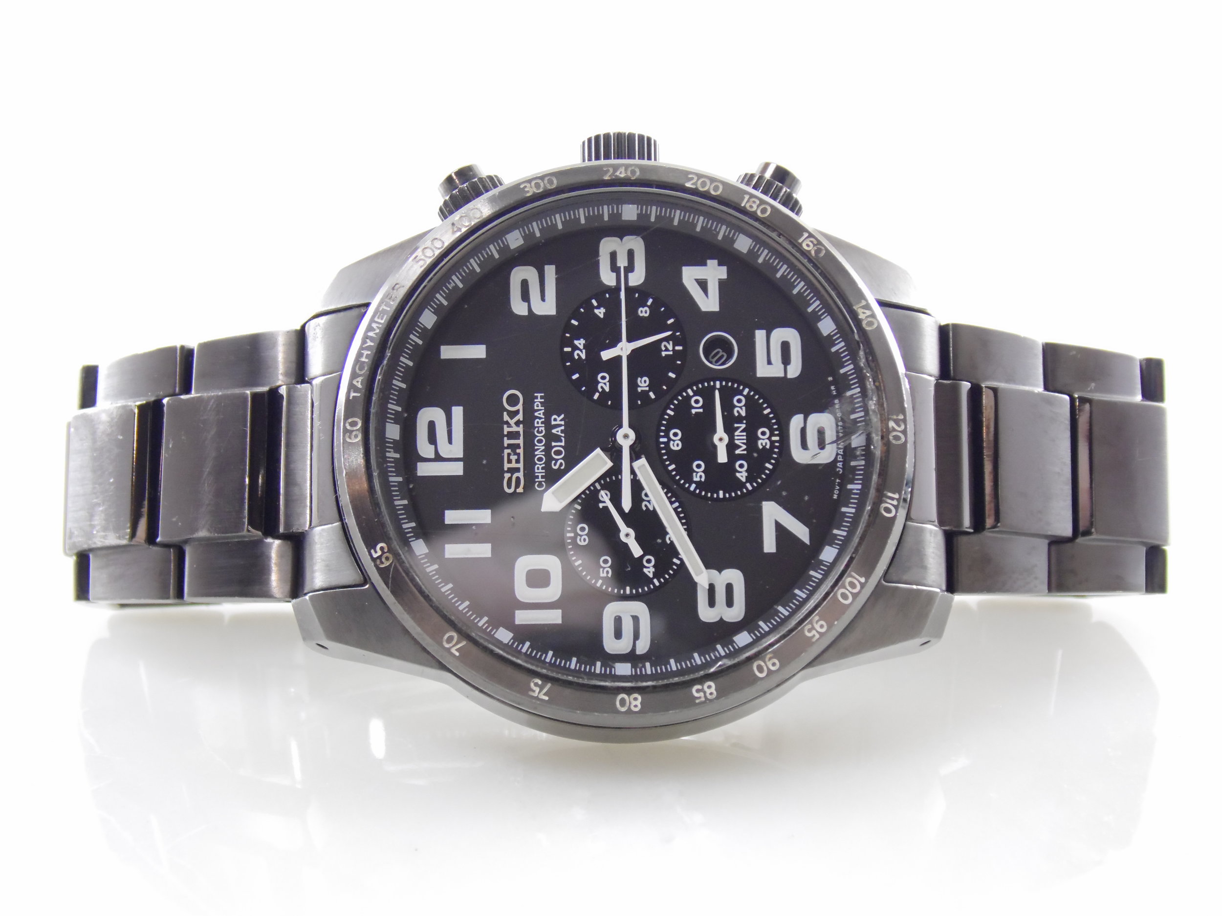 Vintage Seiko Mens Solar Chronograph Black Watch SSC229 MSRP $325