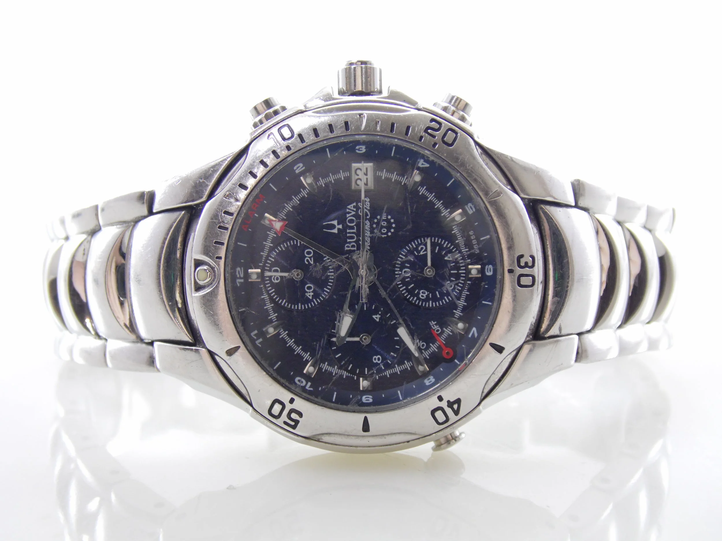 Vintage Mens Bulova Marine Star 96B56 Stainless Steel Chronograph Calendar Watch 