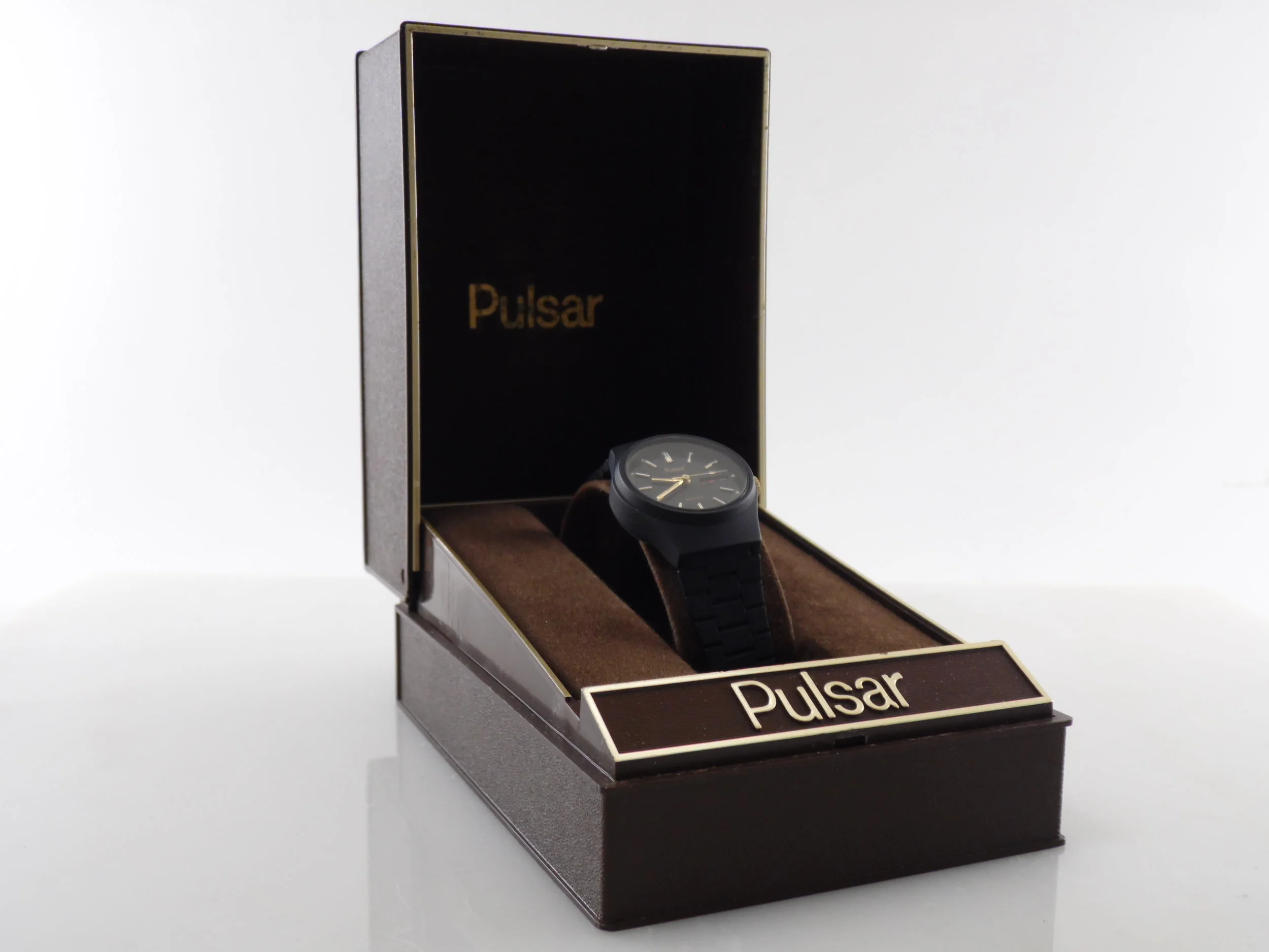 Vintage Womens Pulsar Bilingual English-Spanish Day Date Black Quartz Watch New in Box