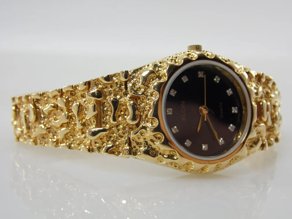 ❗️早い者勝ち❗️1897年製造ELGIN17石金張り懐中時計 Vintage Elgin Black & Gold Nugget Simulated Diamond Crystal