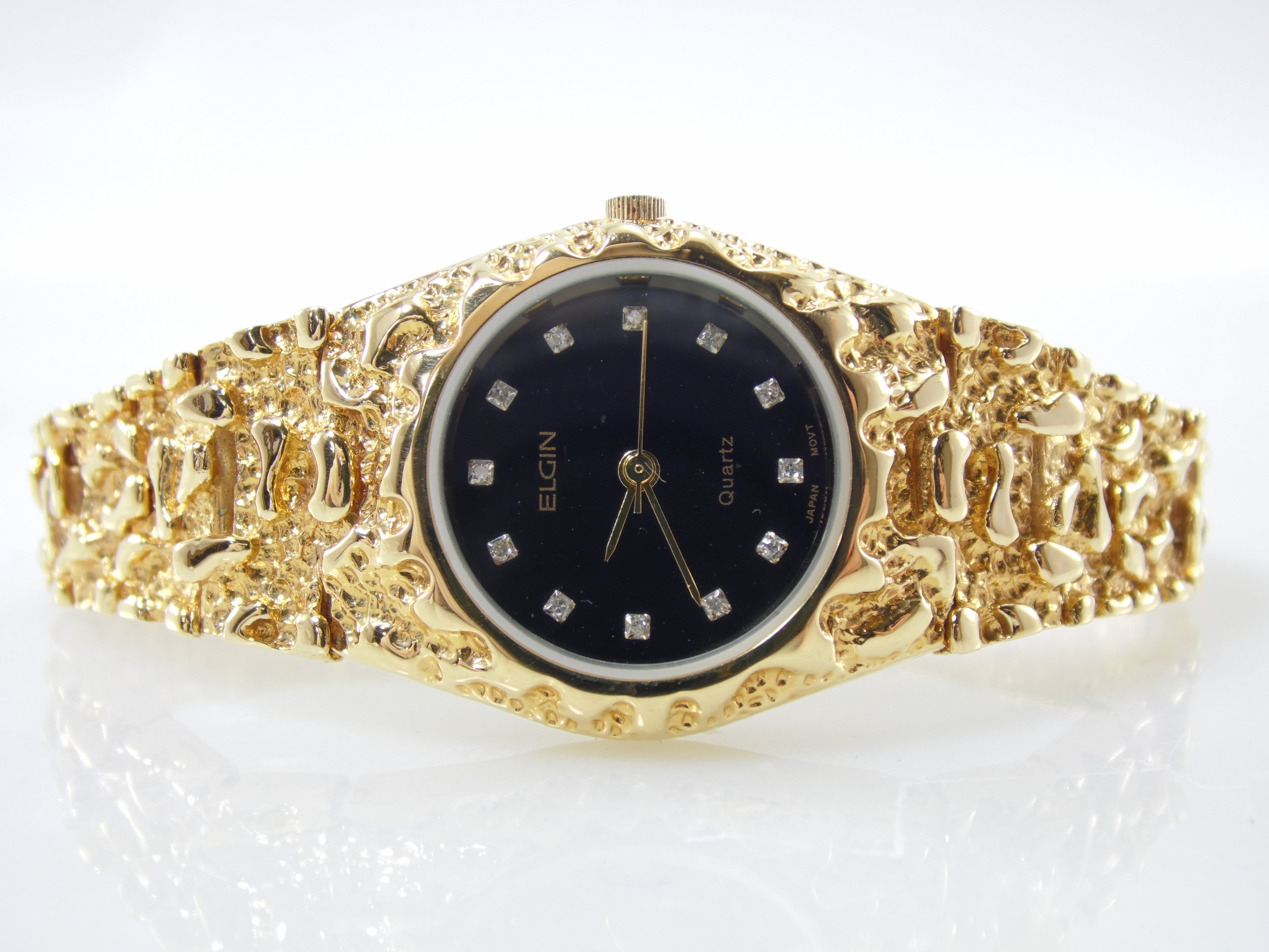 Vintage Elgin Black & Gold Nugget Simulated Diamond Crystal Women's Quartz Watch