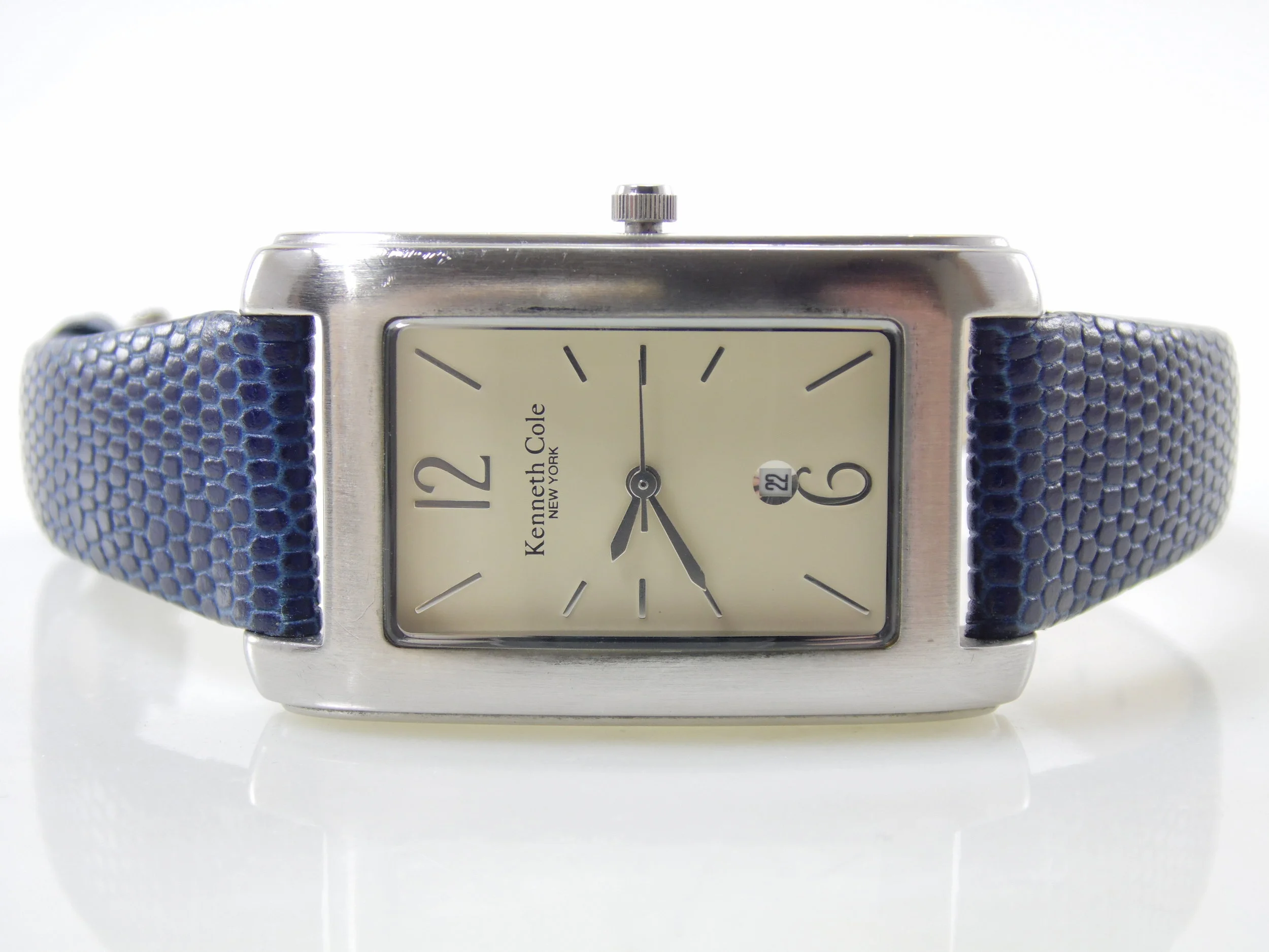 Kenneth Cole KC1086 Womens Stainless Steel Date Watch Blue Leather Strap