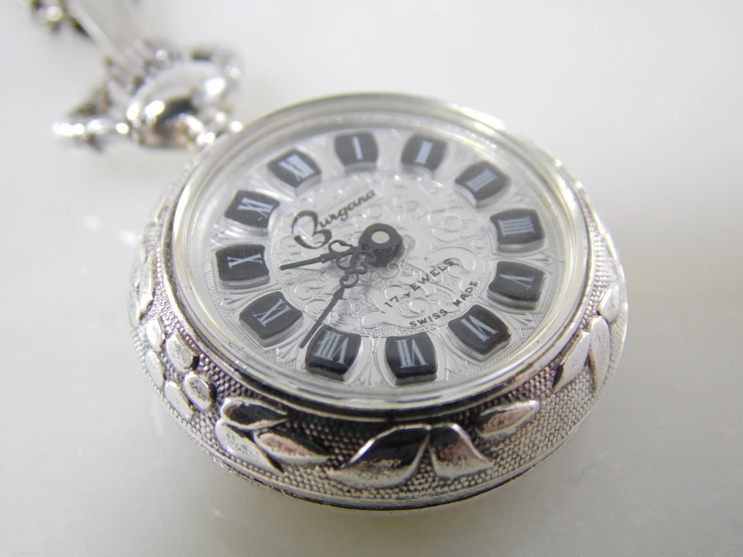 Rare Vintage Silver Burgara 17 Jewels Telephone Dial Art Deco Floral Motif Swiss Pocket Watch