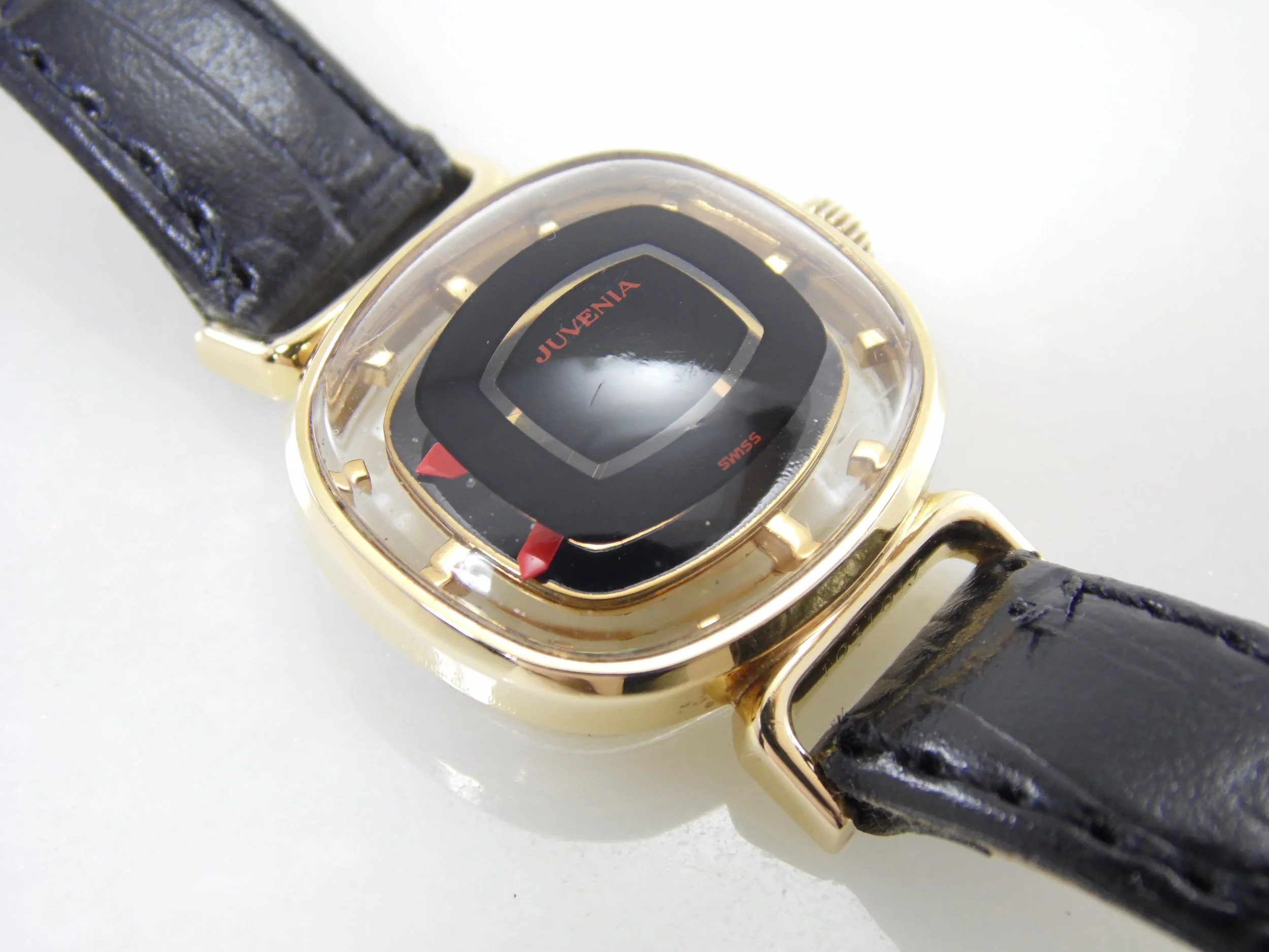Extremely Rare Vintage Black & Gold Juvenia "Mystère" Mystery Skeleton See-thru Oval TV Womens Unisex Swiss Watch