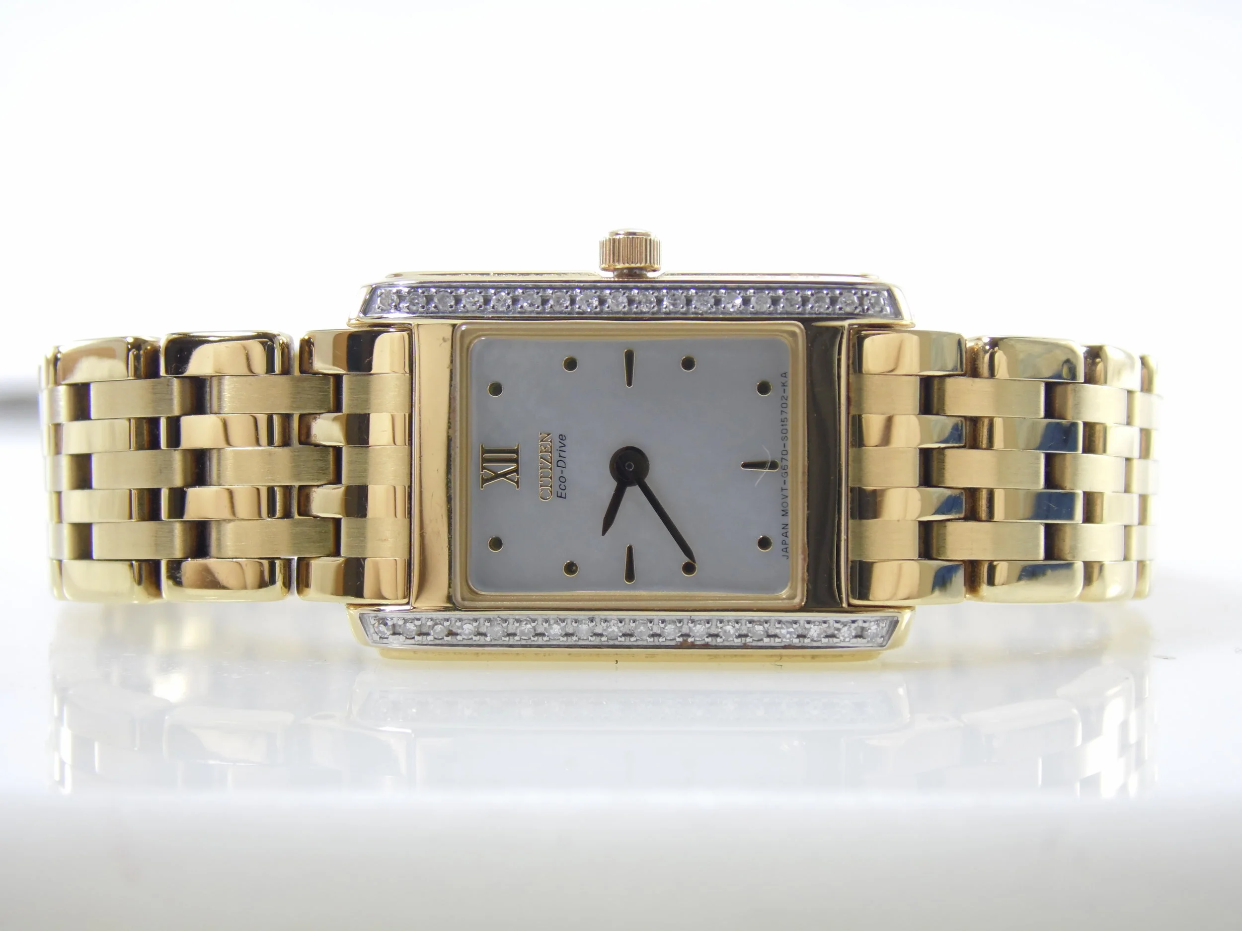 Gold Womens Citizen Eco Drive EG3022-51D HST Solar Powered Rechargeable Mother of Pearl MOP Genuine Diamond Watch $988 MSRP