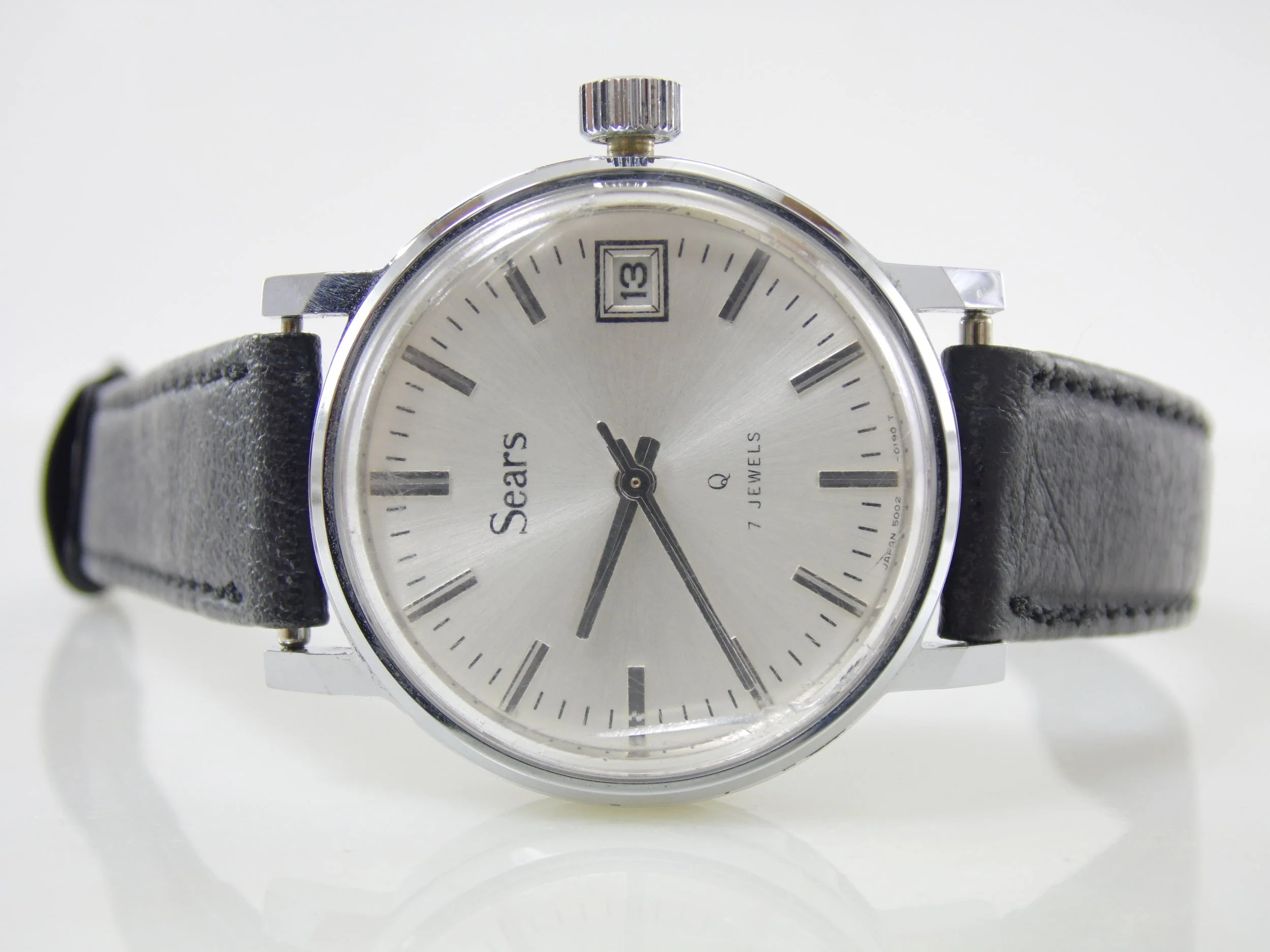 Rare Vintage Silver Stainless Steel Mens Sears 7 Jewels Mechanical Windup Watch 5002C