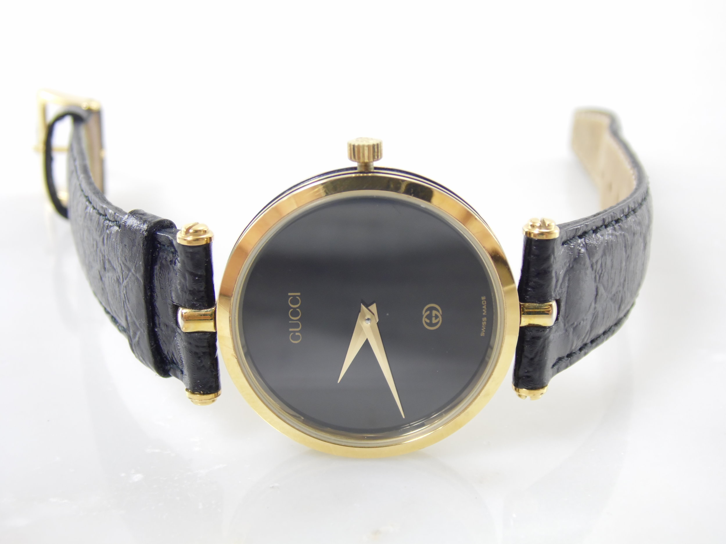 Rare Vintage Black & Gold Mens Womens Gucci Swiss Made Stack Watch W/Gucci Box 