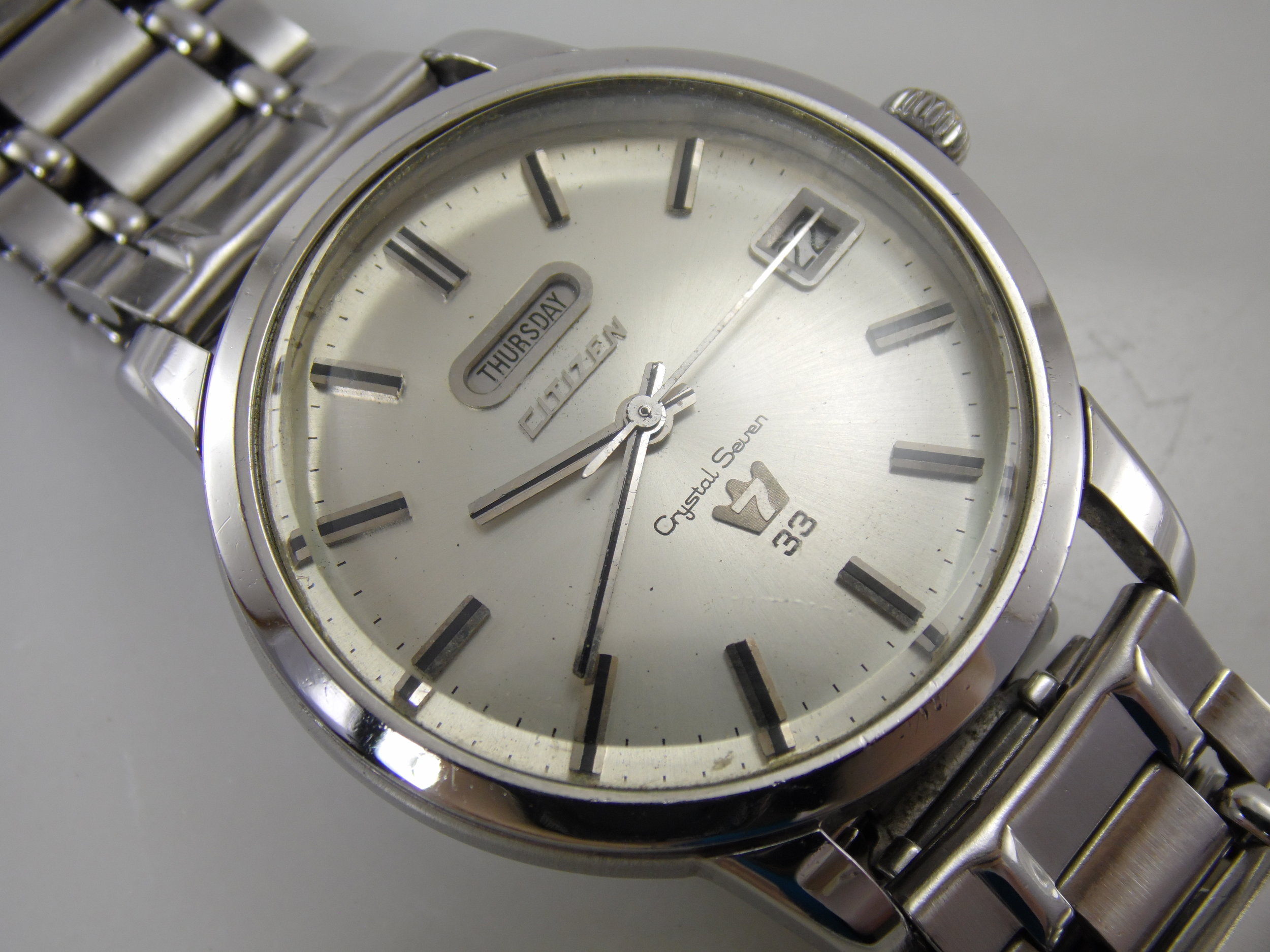 Extremely Rare 1960's Mens Citizens 33 Jewels Crystal 7 Stainless Steel Automatic Mechanical Day Date Calendar Watch 5204