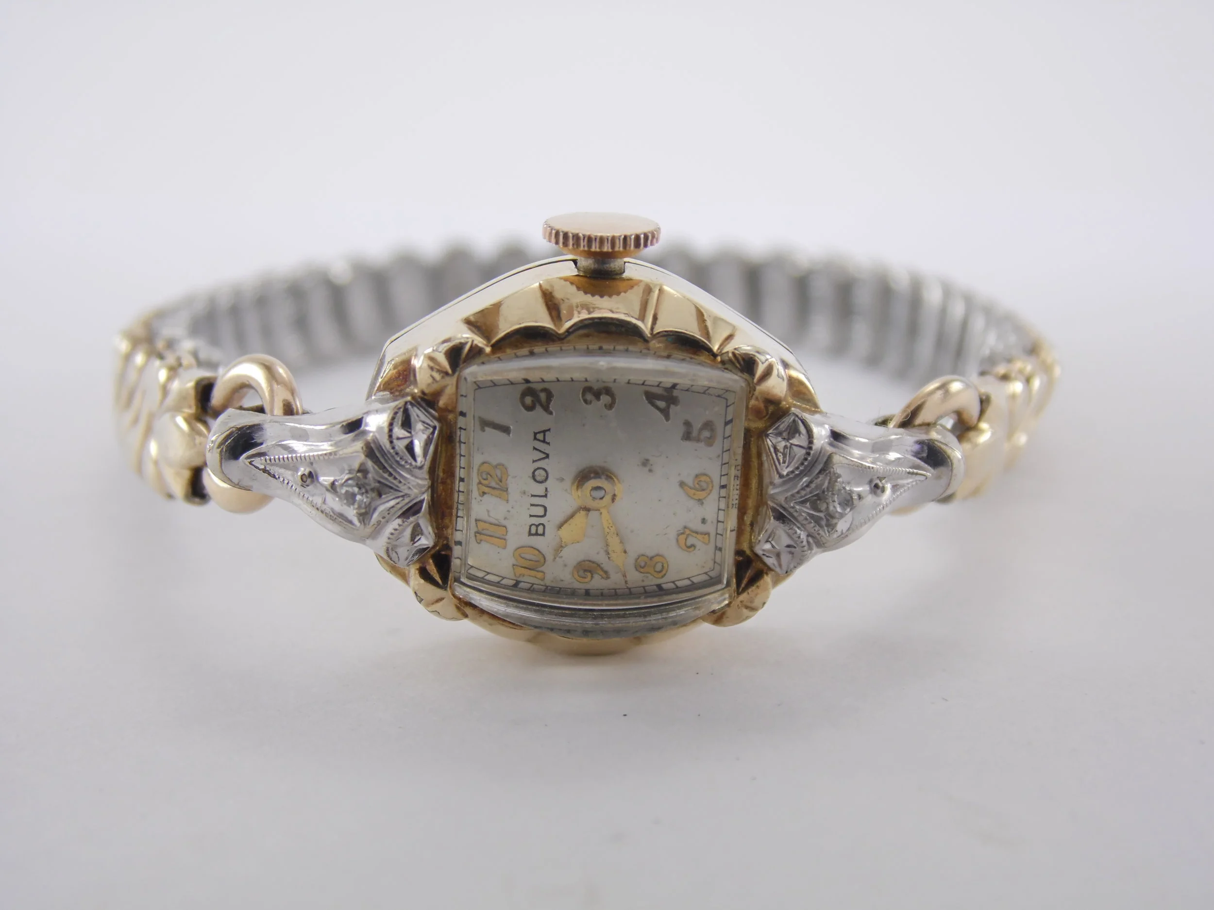 Rare Vintage 1950's Bulova Two Tone Gold Silver Genuine Diamond Mechanical Windup Swiss Watch 6BK