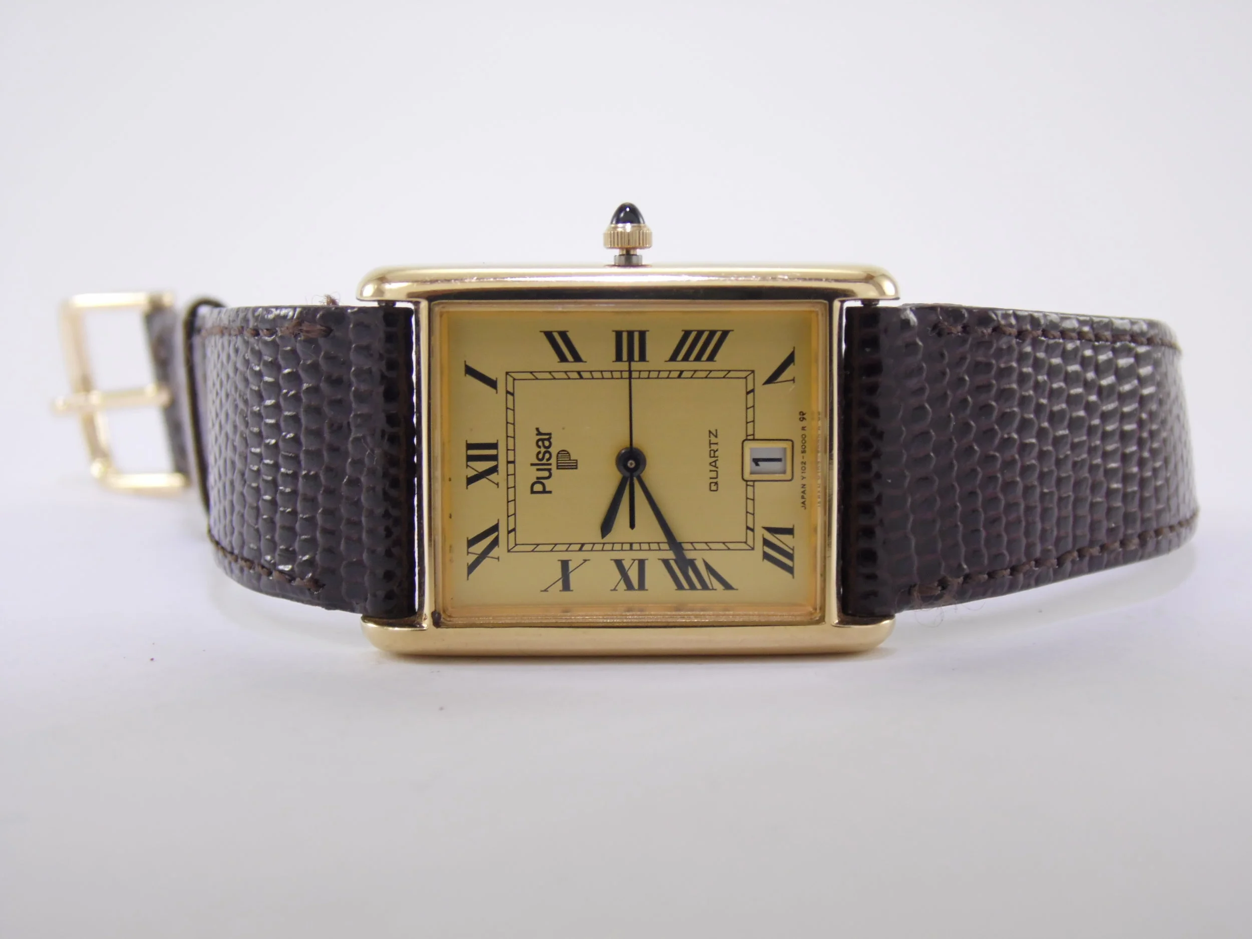 Vintage Gold Pulsar Mens Date Calendar Rectangular Tank Quartz Watch 
